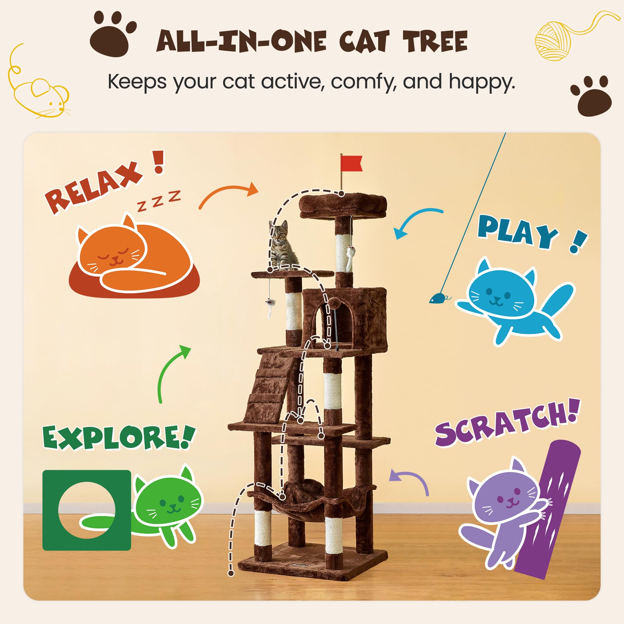 Mwpo 63.8 Inches Multi-Level Cat Tree For Large Cats With Sisal-Covered Scratching Posts, Padded Platform, Hammock And Condo,Sta