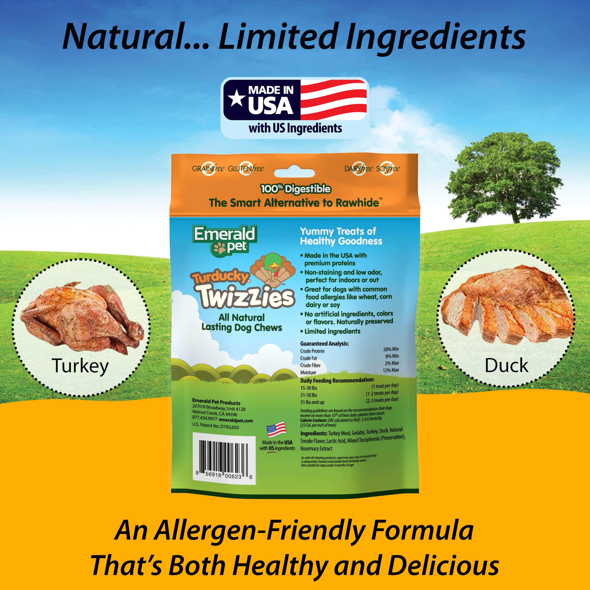 Emerald Pet Twizzies Rawhide Free 100% Digestible Natural Dog Lasting Chew Treats, Made in USA Size 6, Turducky Turkey Duck Mult