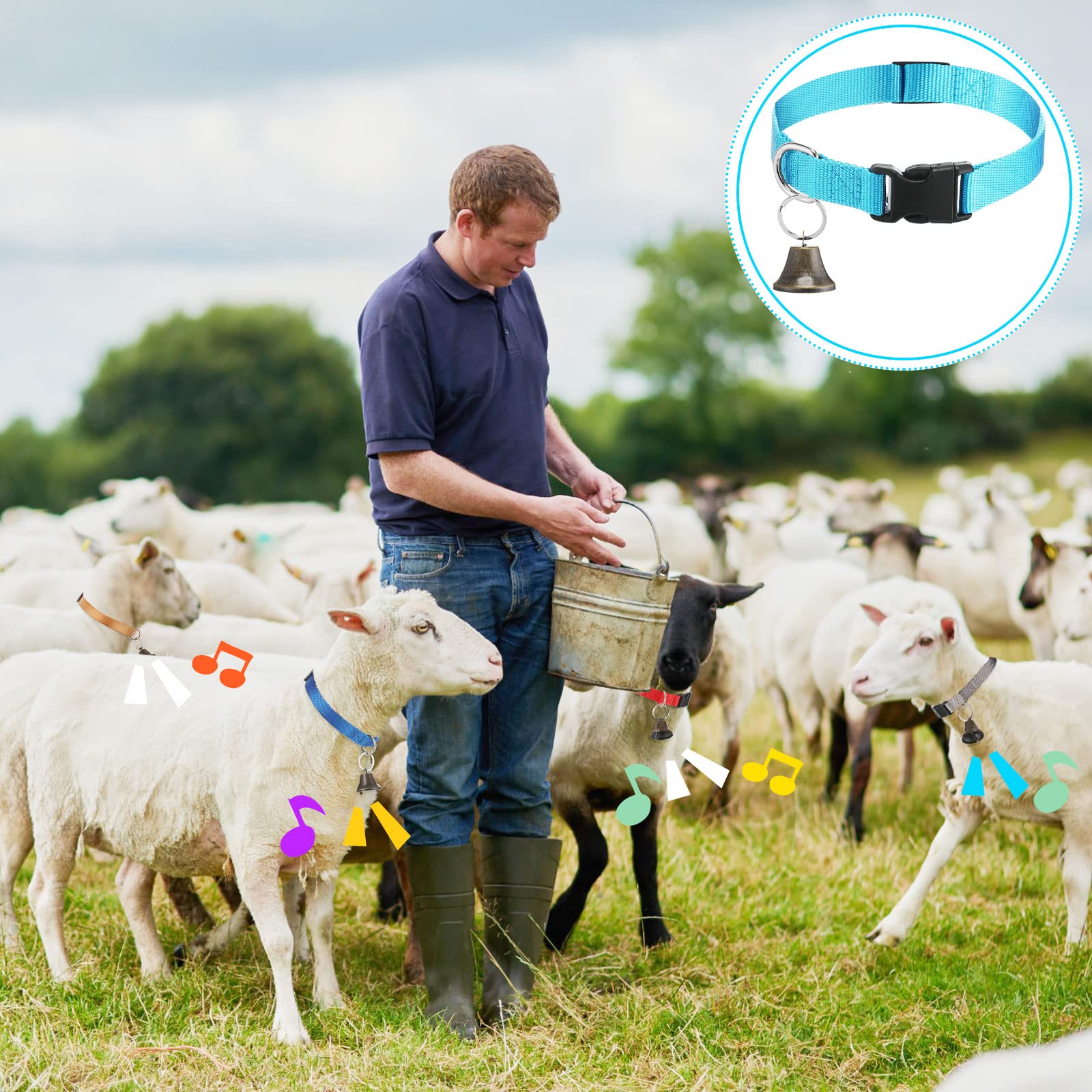 12 Sets Goat Collars With Bells Horse Sheep Grazing Cow Bells Adjustable Nylon Dog Bell Collar With Quick Release Buckle Anti Lost Pet Collar With Copper Bell For Small Farm Animal Sheep Accessories