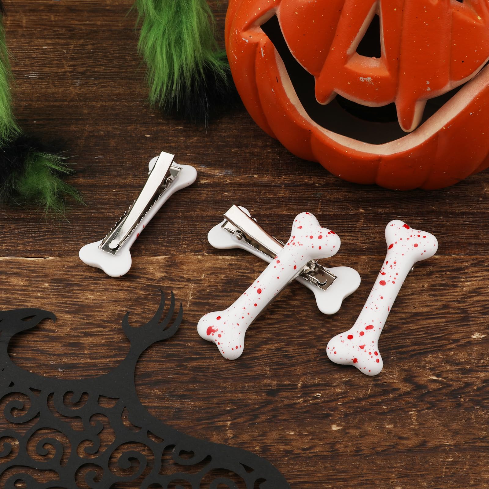 4Pcs Halloween Bone Hair Clips, Bone Barrettes For Women White Dog Bone Alligator Hair Pins For Christmas Halloween Cosplay Party (Red White)