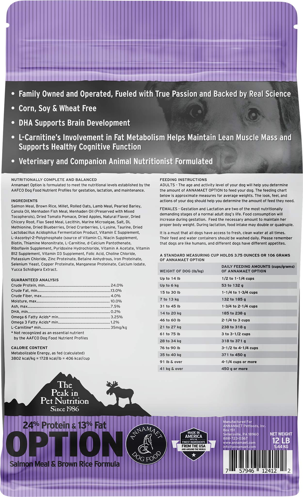 Annamaet Original Option Formula Dry Dog Food, 24% Protein (Salmon & Brown Rice), 12-lb Bag