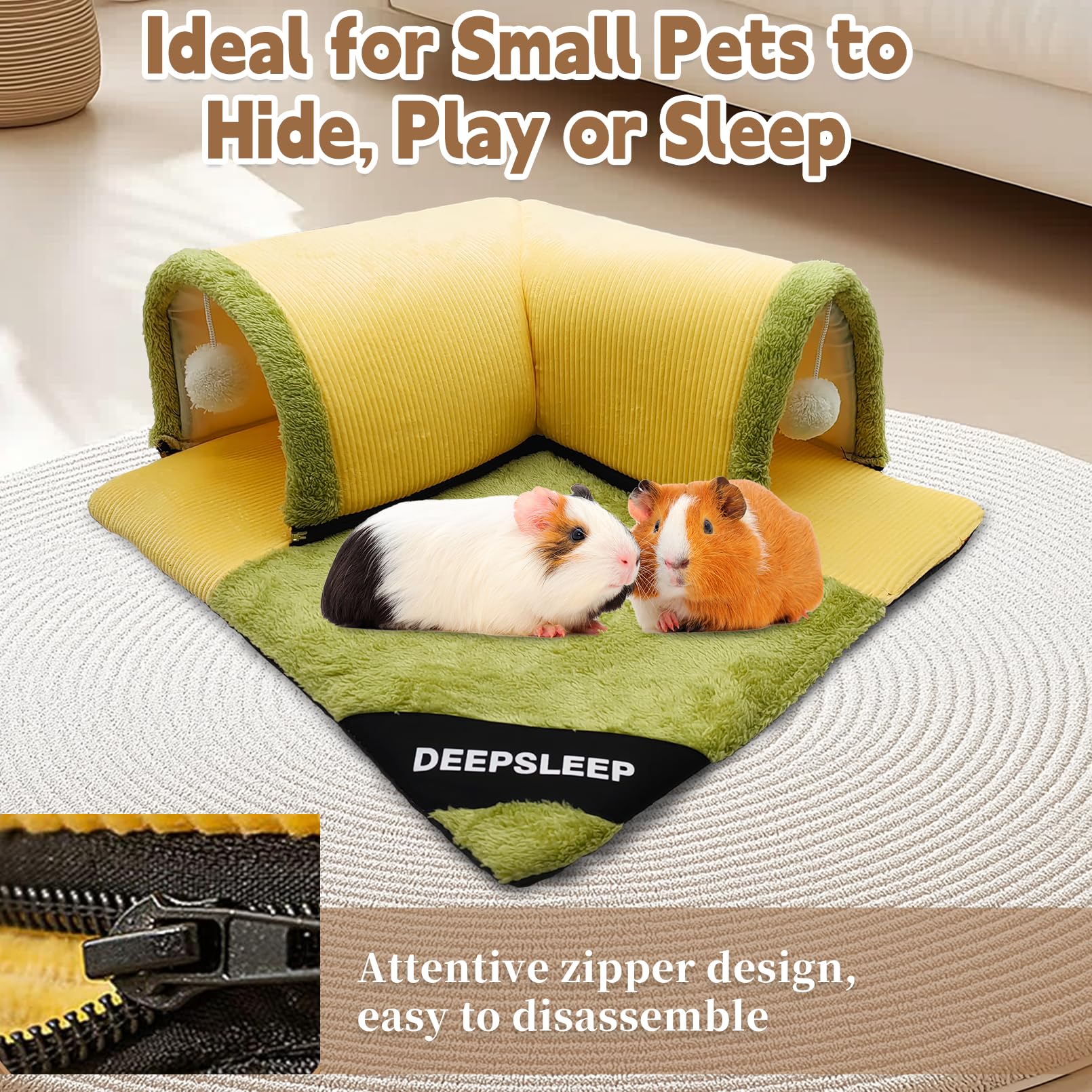 3 Pcs Guinea Pig Hideout Tunnel With Removable Base & 2 Liners - Machine Washable Soft Small Animal Bed & Play Tube For Chinchil