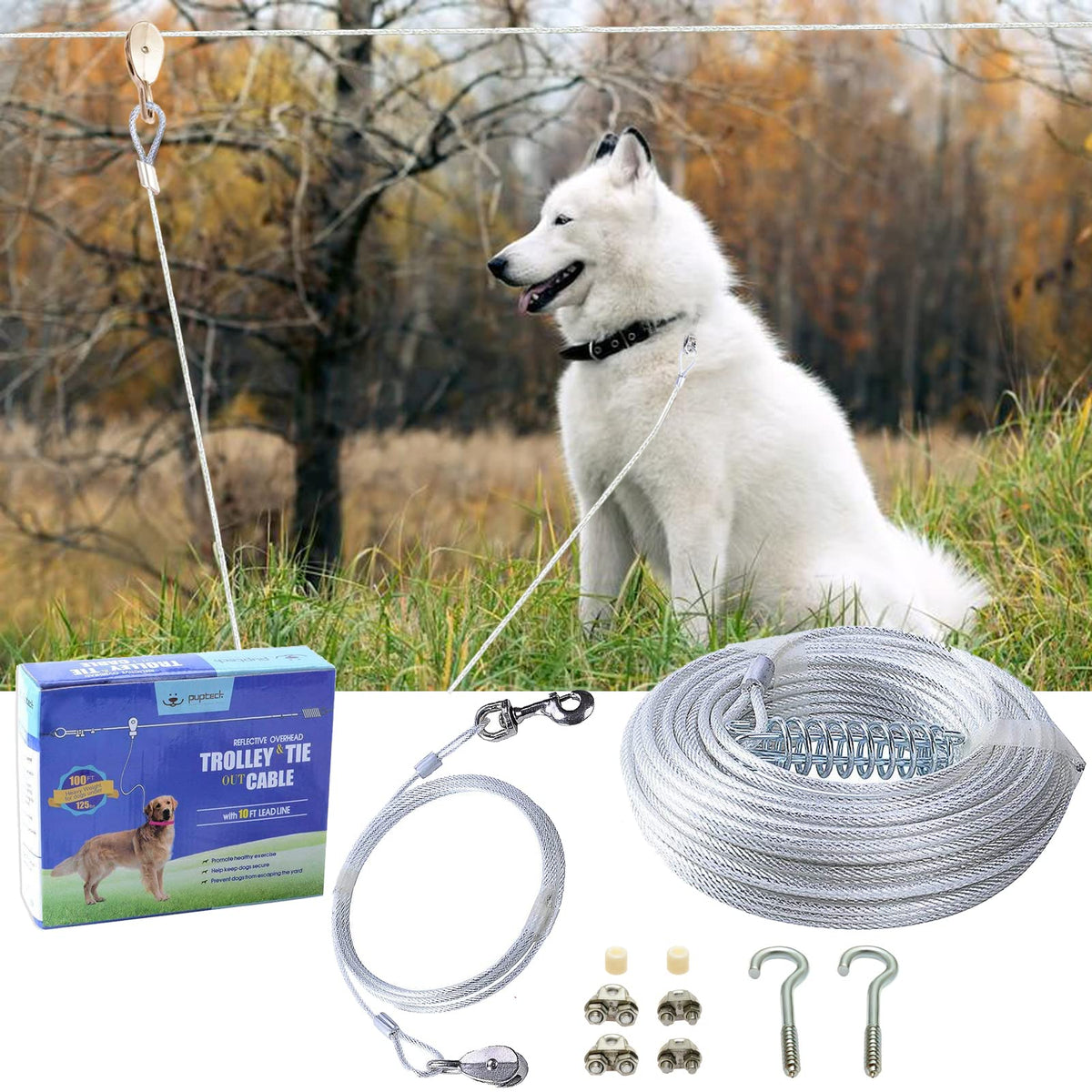 Pupteck Reflective Dog Run Cable - 100 Ft Heavy Weight Tie Out Cable With 10 Ft Runner For Dog Up To 125Lbs