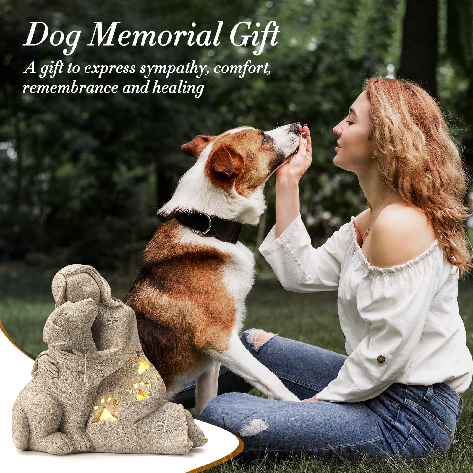 INLOMEM Dog Memorial Gift, Granite Sculpture, Hand-Sculpted Resin Pet Loss Sympathy Gift with LED Candle Holder, Home Decor for