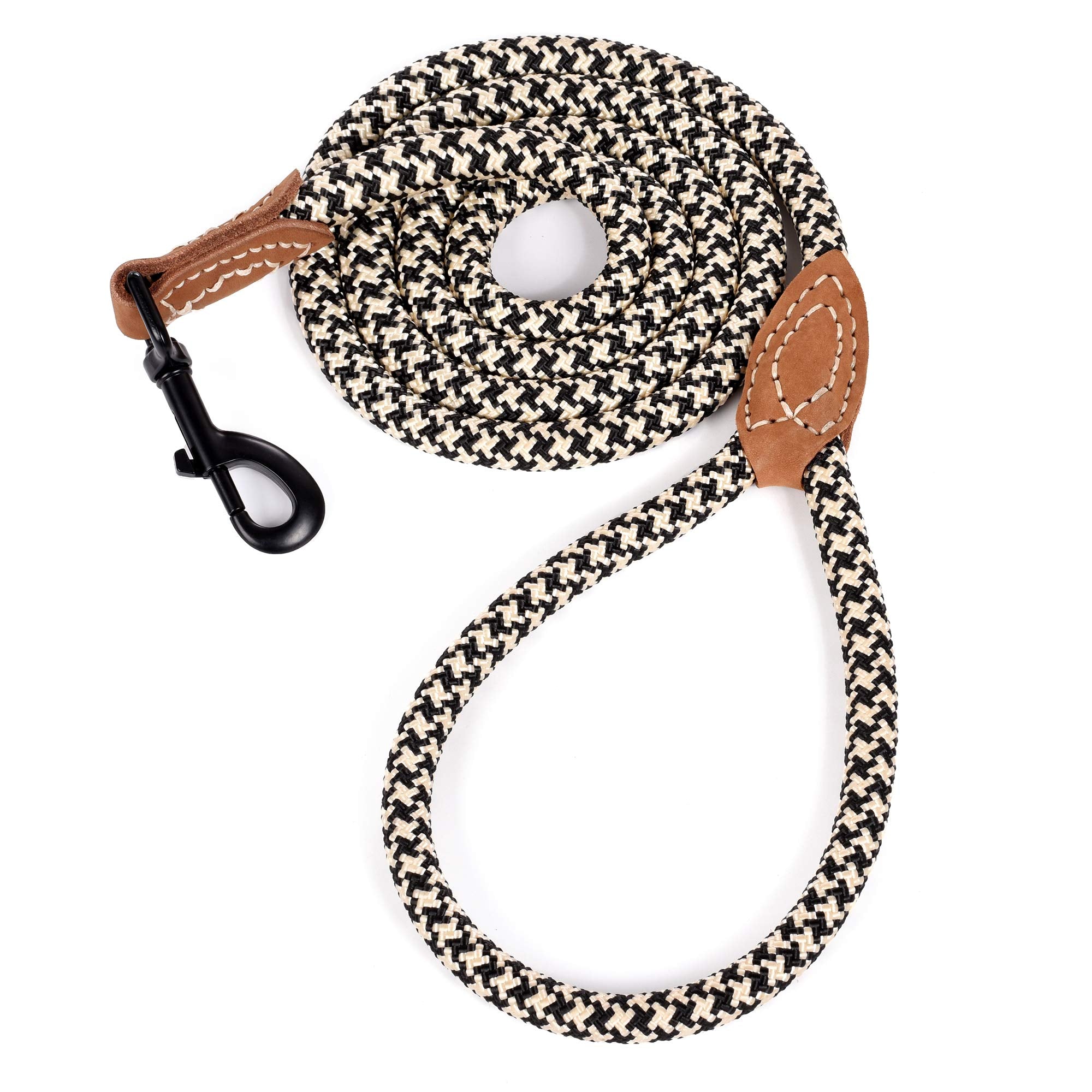 Mile High Life | Mountain Climbing Dog Rope Leash With Heavy Duty Metal Sturdy Clasp | Genuine Leather Tailored Connection With Strong Stitches (Black Khaki, 48 Inch (Pack Of 1))