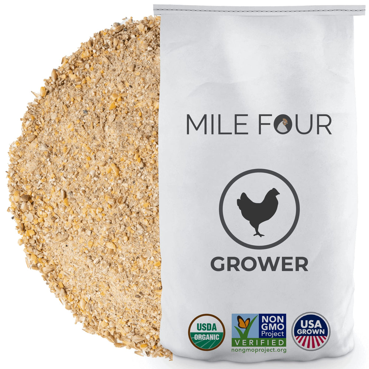 Mile Four | Grower Organic Chicken Feed | 100% Us Grown Grains, Certified Organic, Certified Non-Gmo, Corn-Free, Soy-Free, Non-Medicated Chicken Food | 18% Protein | Mash | 23 Lbs.