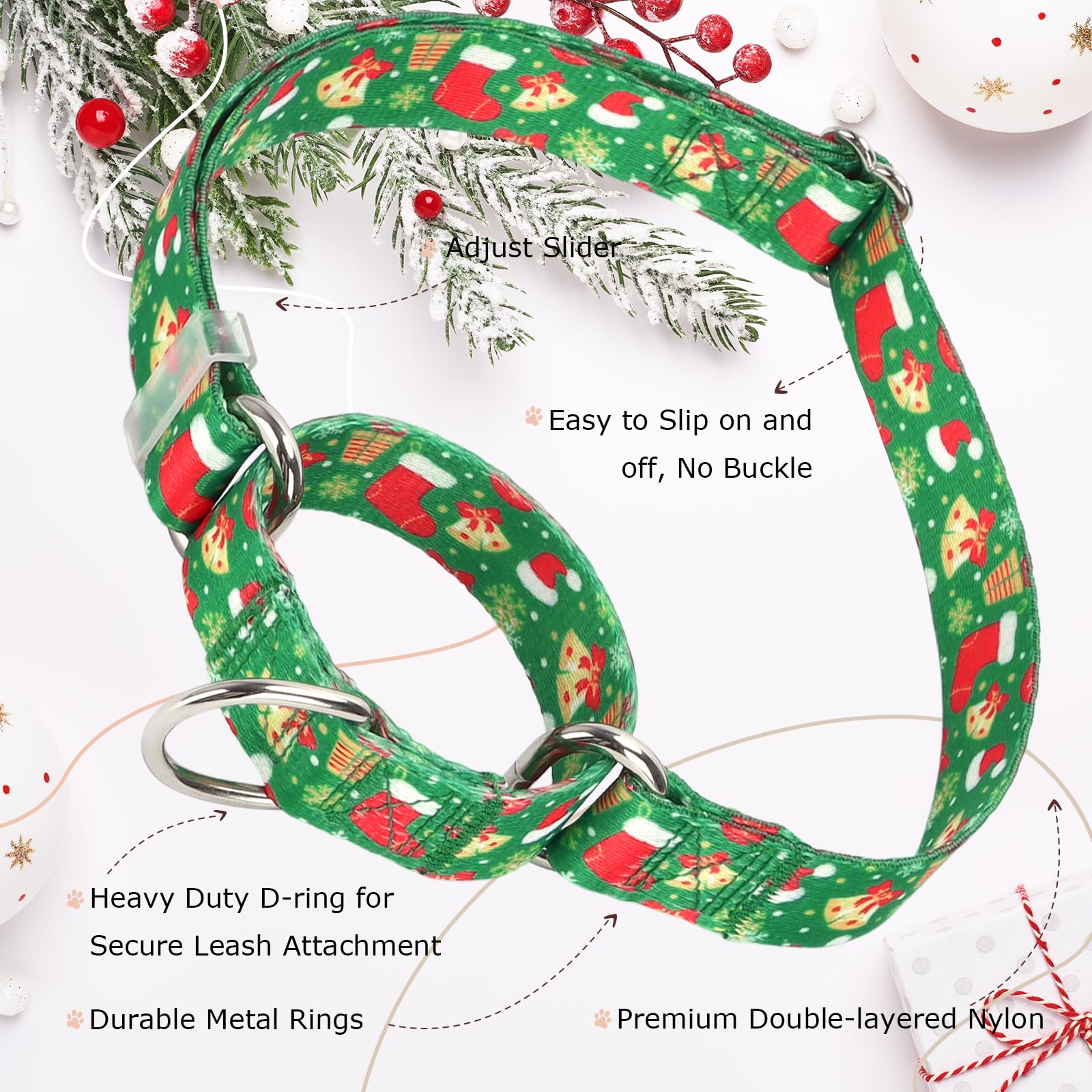 Christmas Martingale Collar For Dogs With Snowflakes Bells Hats, Adjustable Classic Nylon Martingale Dog Collar For Boy Girl Dog