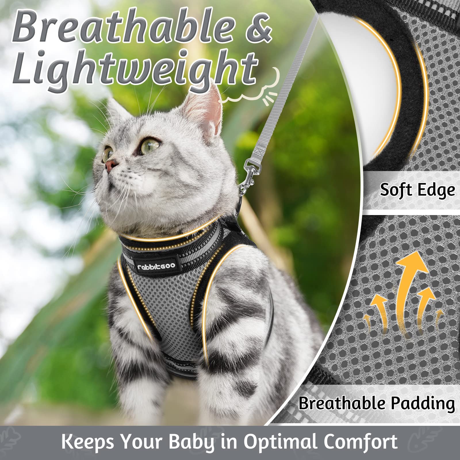 Rabbitgoo Cat Harness And Leash Set For Walking Escape Proof, Adjustable Soft Kittens Vest With Reflective Strip For Cats, Comfortable Outdoor Vest, Grey, M