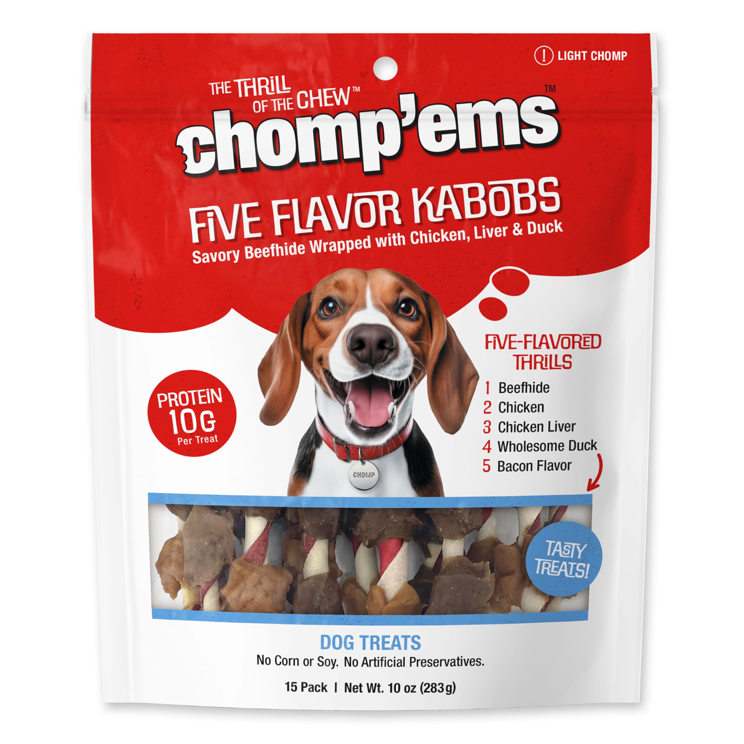 CHOMP EMS Five Flavor Kabobs Dog Treats - Beefhide Chewstick - High Protein Dog Chews, 15 Count