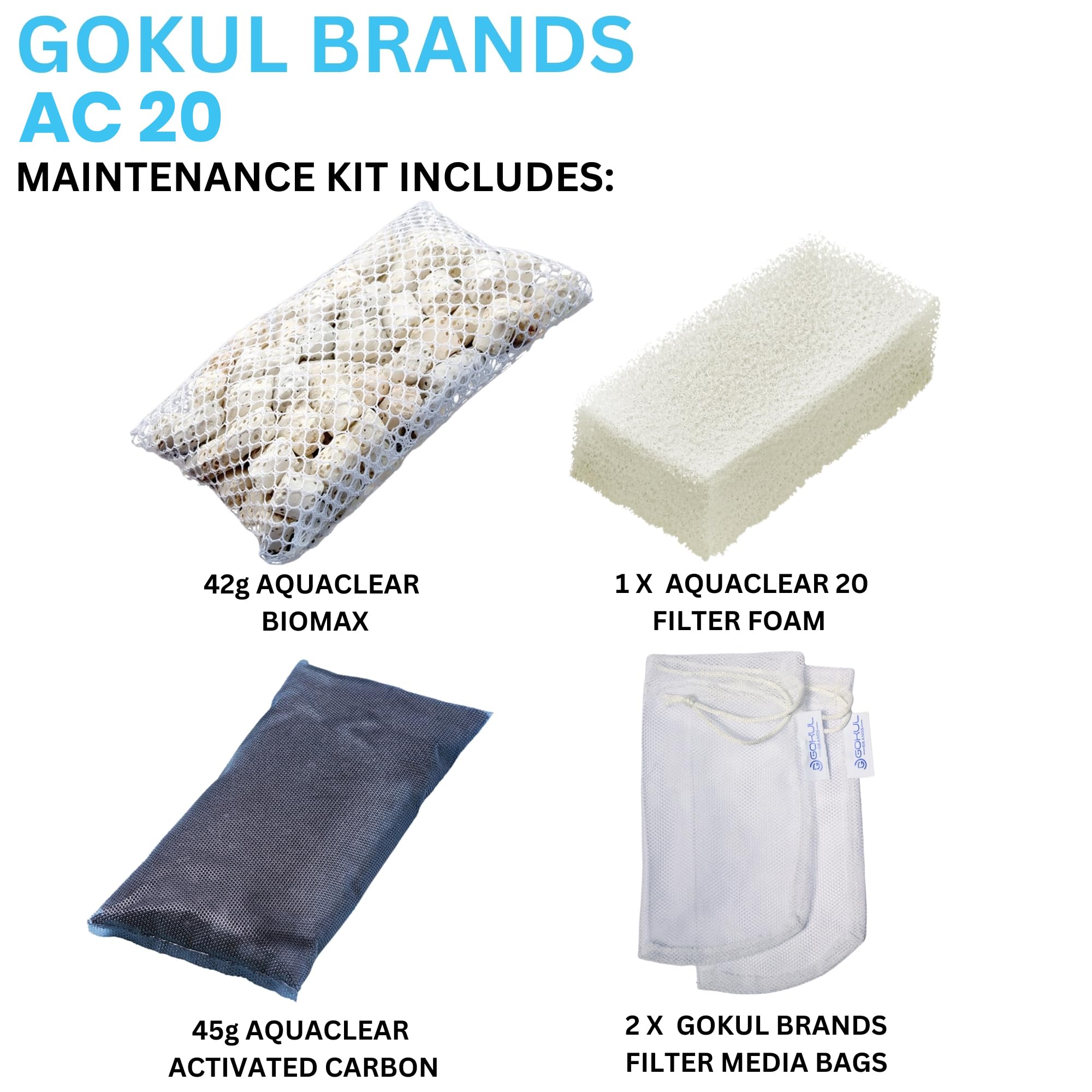 Gokul Brands Aquaclear 20 Hob Maintenance & Replacement Filter Media Kit, Including Gokul Brands Mesh Bags (Aquaclear Activated