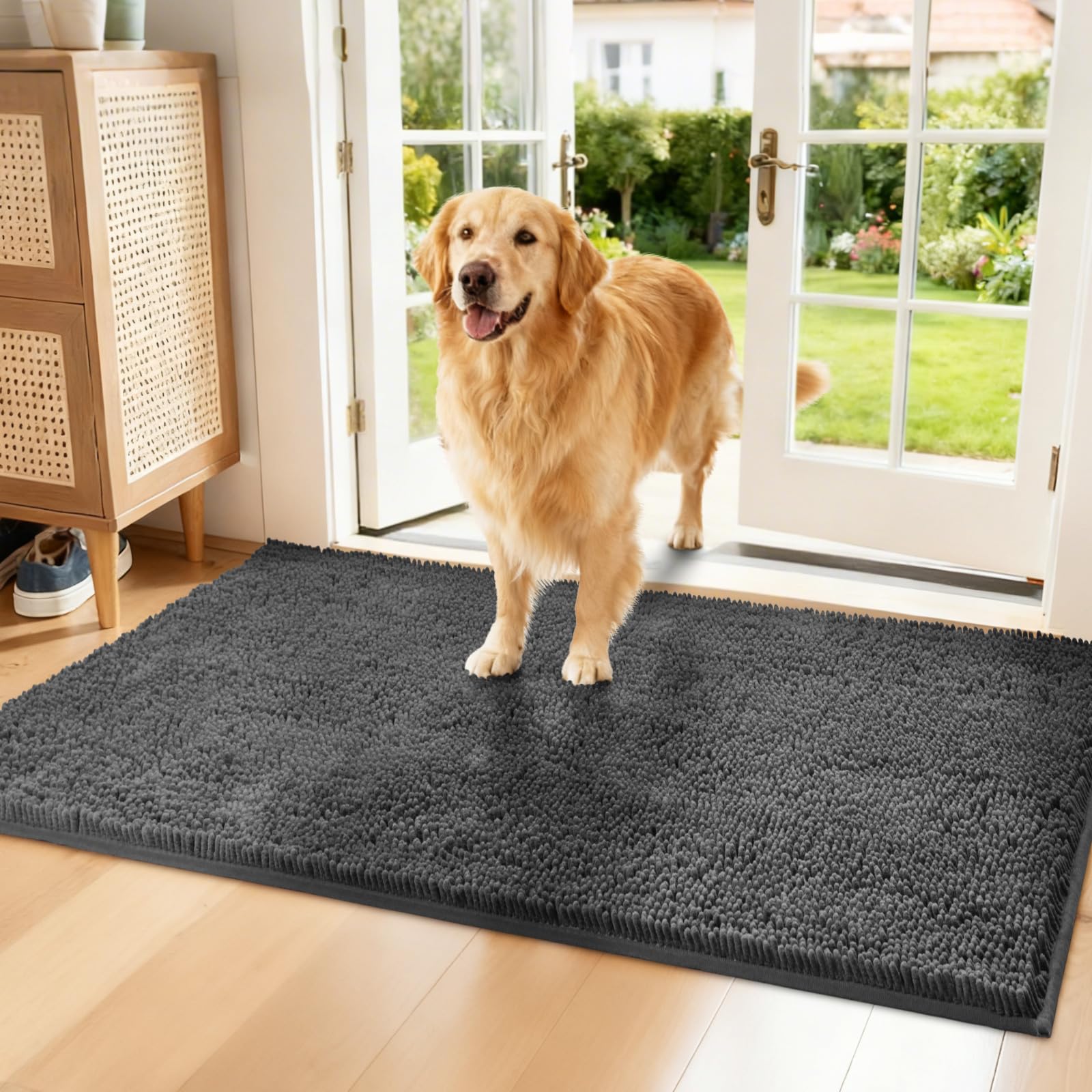 Naturei Chenille Absorbent Front Door Mat 60 x 36, Dog Door Mat for Muddy Paws, Trap Dirt Doormat, Mud Mat for Dogs, Washable No