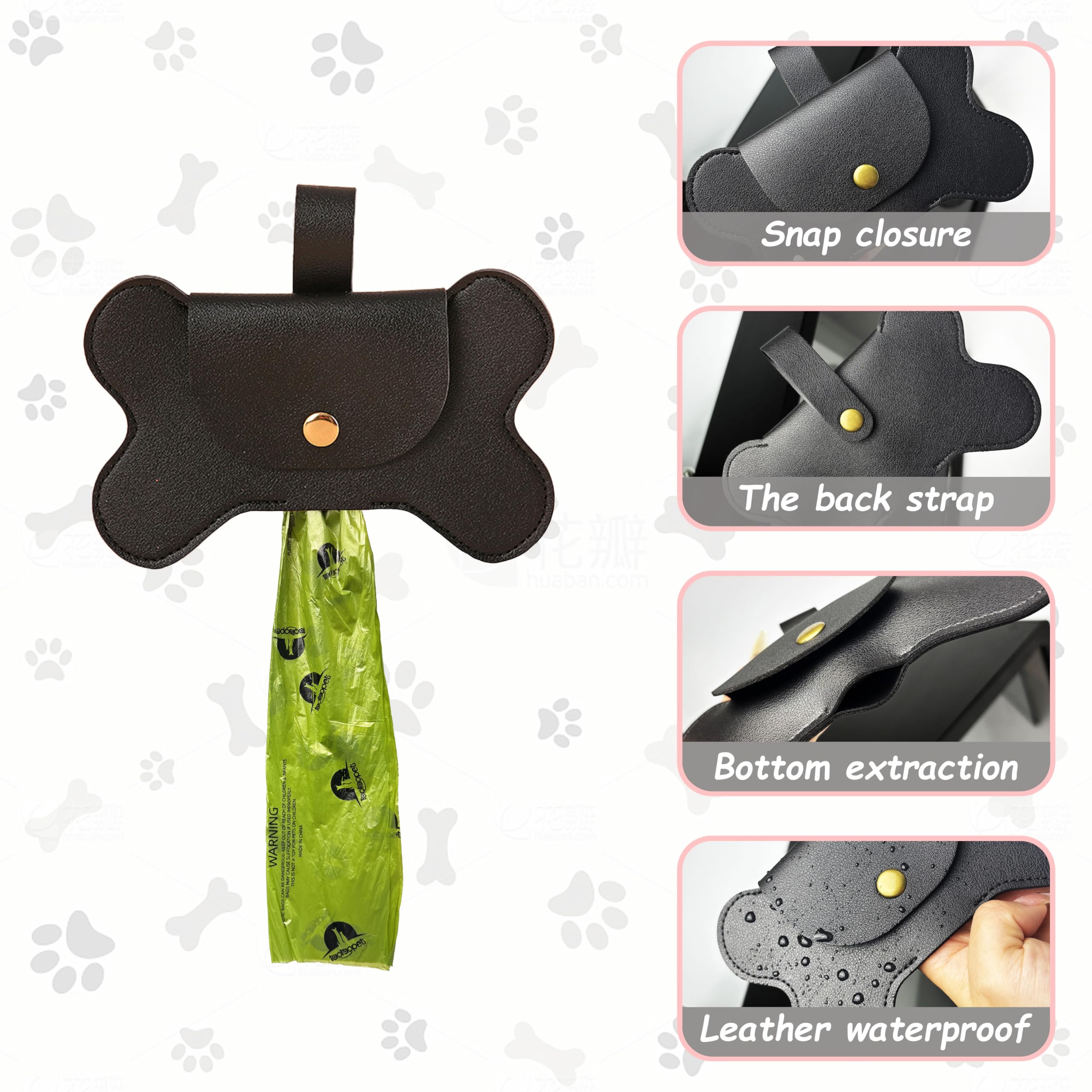 Teumessian Bone-Shaped Dog Poop Bag Holder, Poop Bag Holders For Leashes, Poop Bag Dispenser,Black