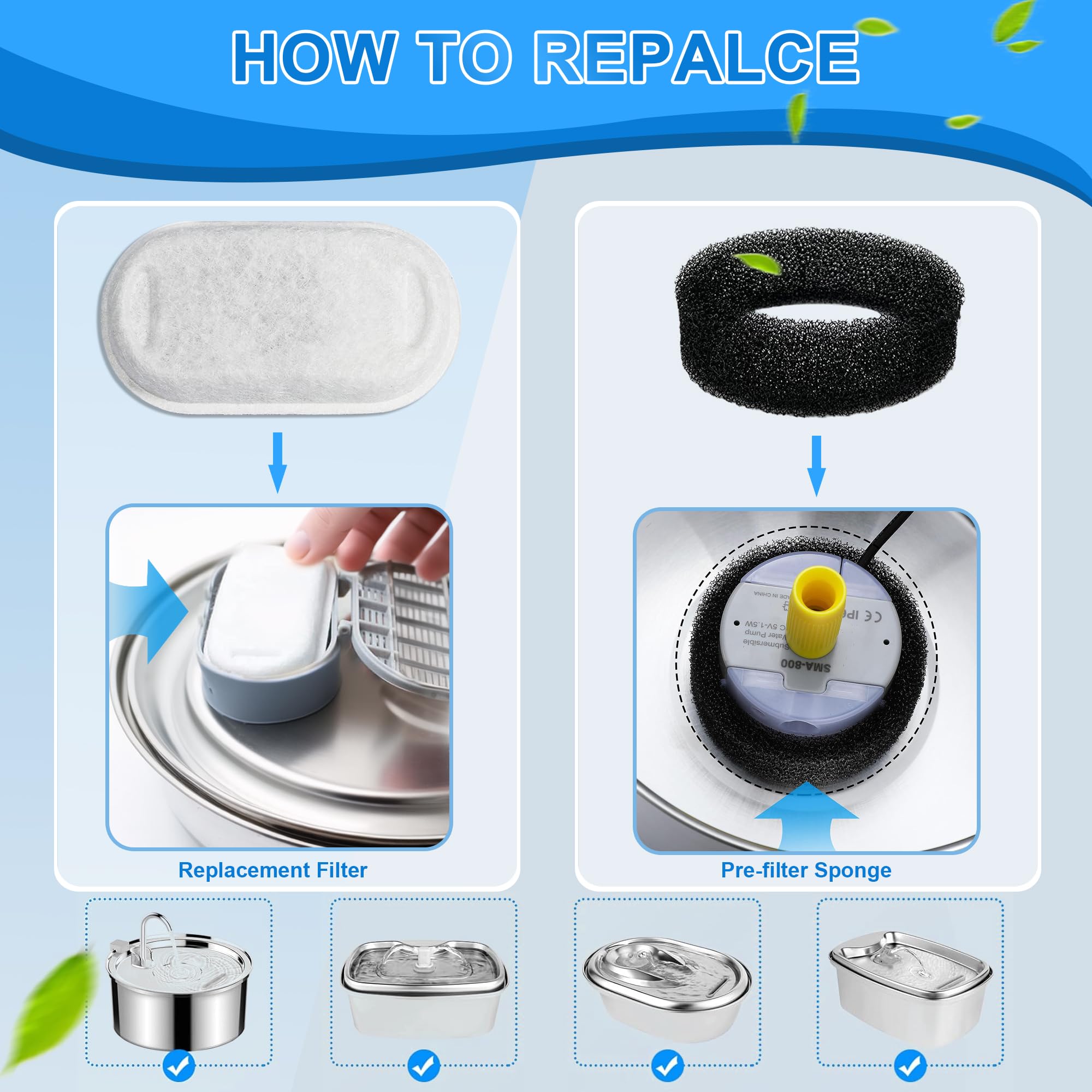 Cat Water Fountain Filters, 32 Pack Cat Fountain Replacement Filters For Stainless Steel 108Oz/3.2L& 67Oz/2L Adjustable Water Fl