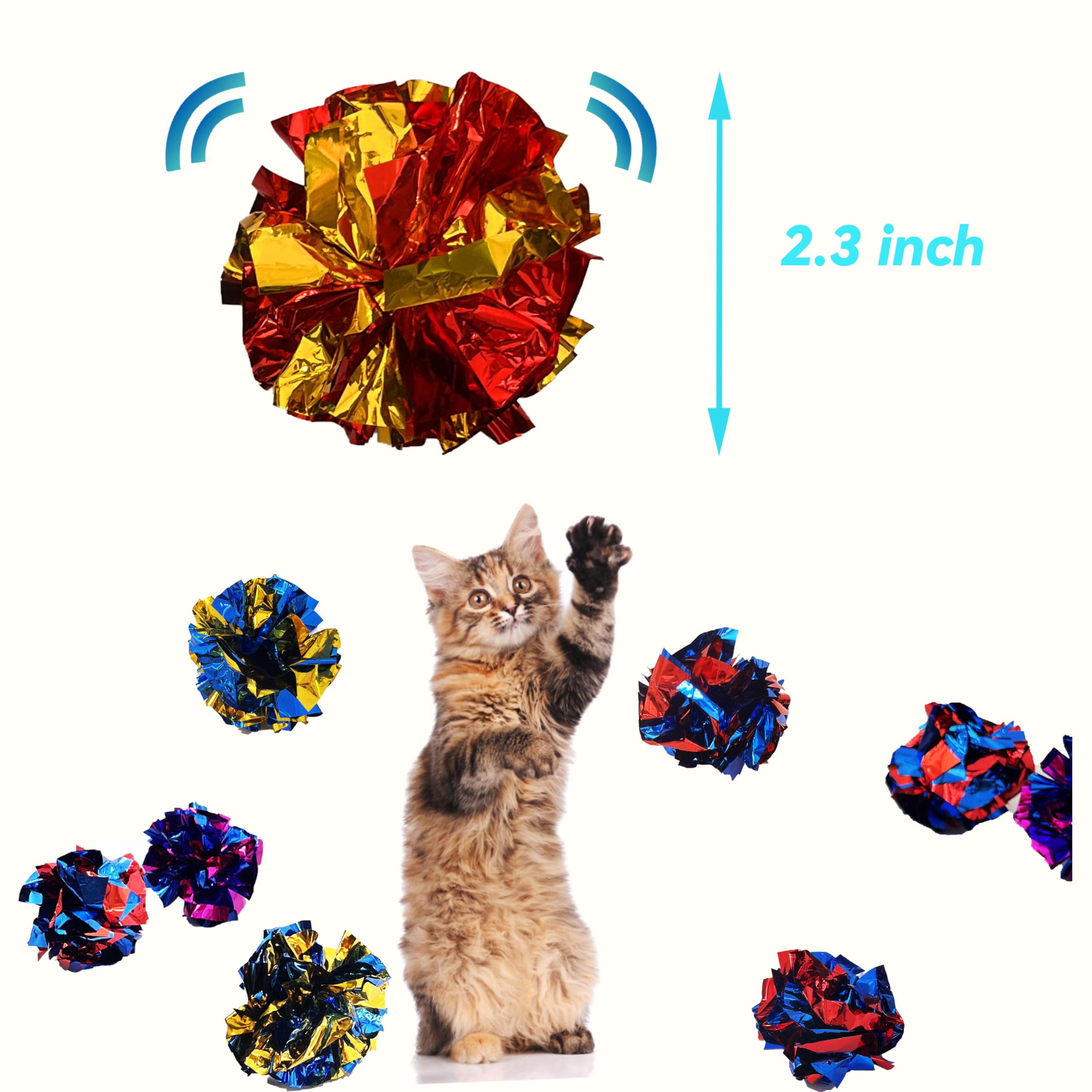 Quvovid Cat Crinkle Ball Toys 10 Packs For Indoor Cats To Kill Time And Keep Fit, 2.3 Inch Colorful Mylar Crinkle Balls Attract