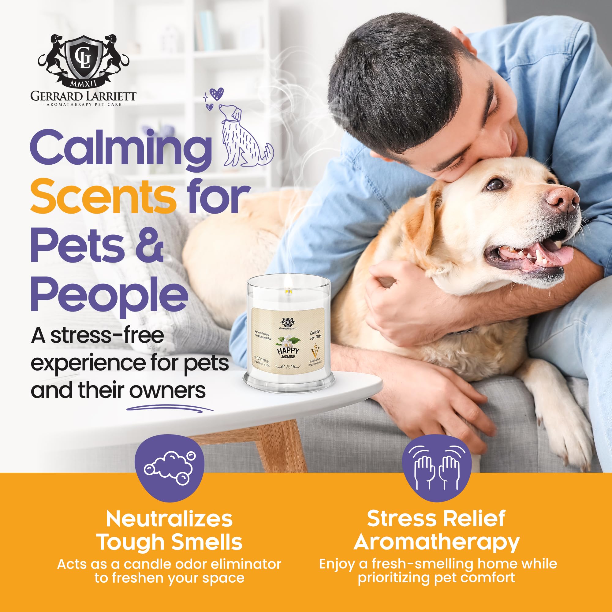 Gerrard Larriett - Deodorizing Soy Candles For Pets, Scented Candles For Removing Pet/Household Odors, Lasts Up To 40 Hours, White Candles For Home Scented With Happy Jasmine Fragrance, 10 Oz