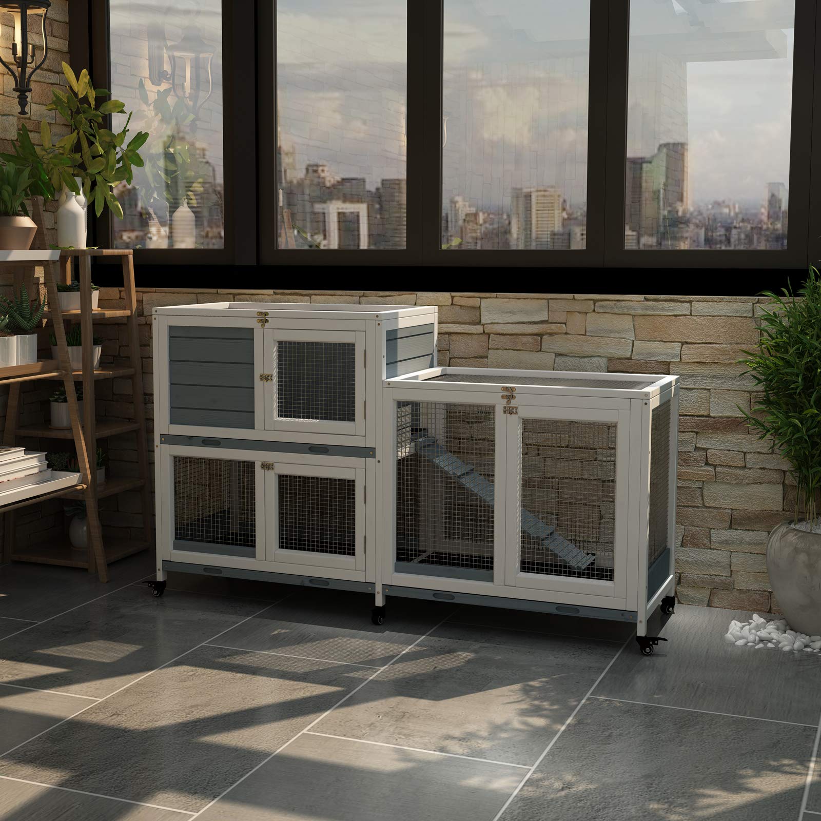 Gdlf Two Floors 58' Wooden Indoor Bunny Hutch Rabbit Cage On Wheels Guinea Pig Pet House For Small To Medium Animals Waterproof No Leak Tray