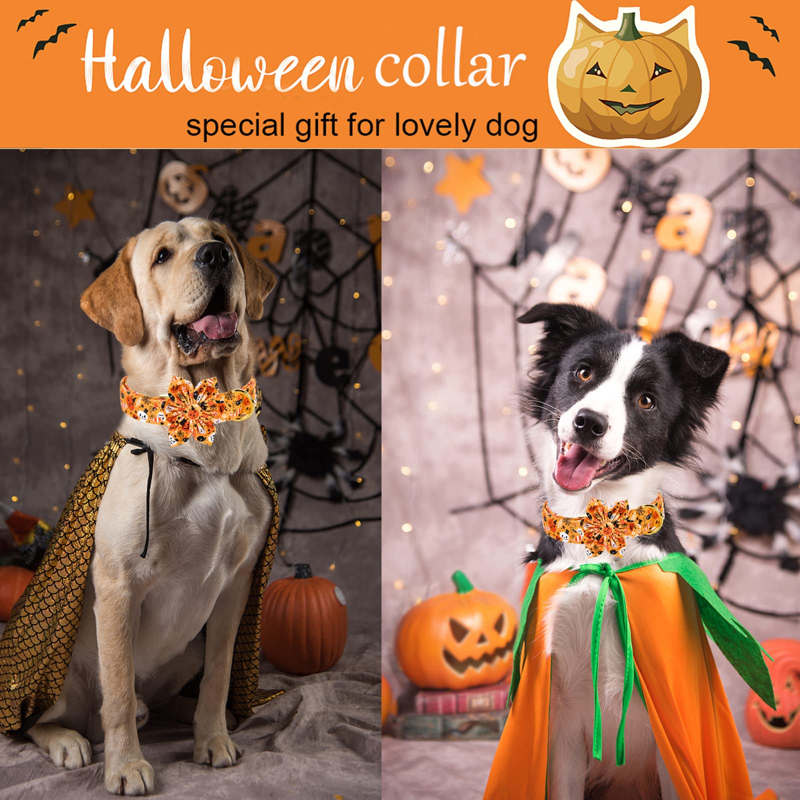 Aring Pet Dog Collar With Flower-Halloween Dog Collar Flower, Adorable Boy And Girl Ghost Pumpkin Dog Collars Gifts With Metal Buckle