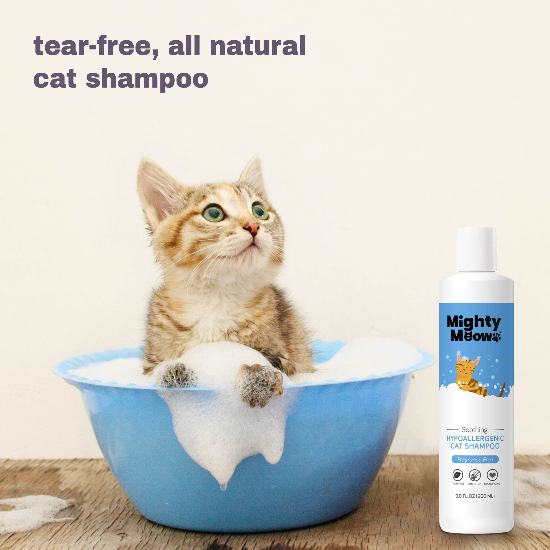 Mighty Meow Soothing Hypoallergenic Cat Shampoo - Easy At-Home Cat Grooming | Deodorizes | Gentle & Anti-Itch | Natural & Allerg