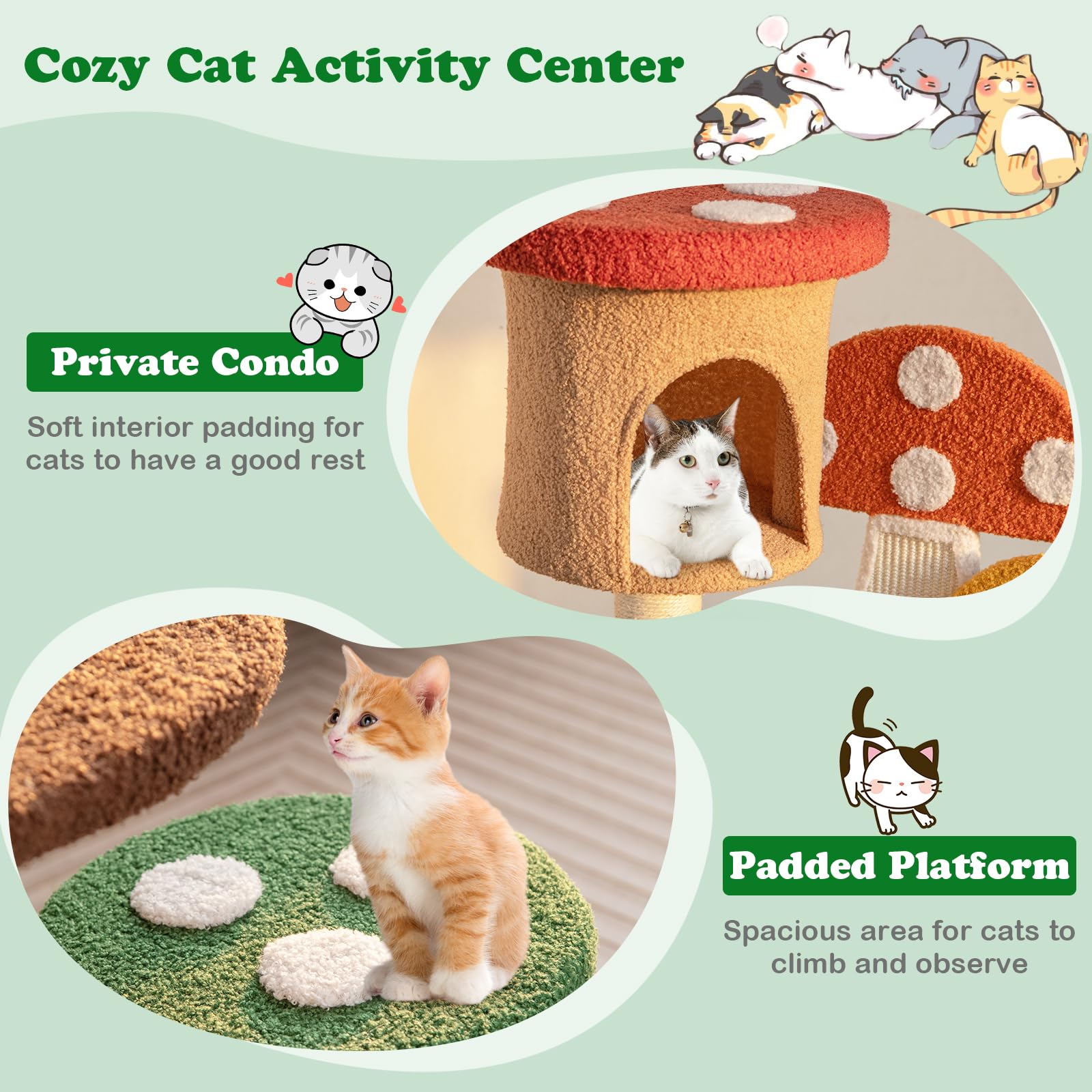 Petsite Mushroom Cat Tree, 40.5 Inches Tall Multi-Level Cat Tower With Natural Sisal Scratching Posts & Boards, Cat Condo And Te