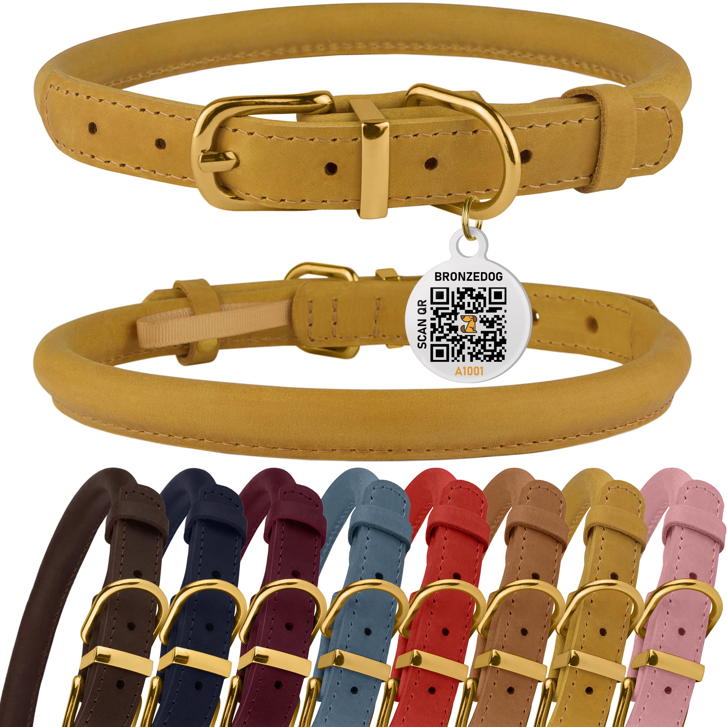 BRONZEDOG Rolled Leather Dog Collar with QR ID Tag Adjustable Soft Round Collars for Small Medium Large Dogs Puppy Cat (9 - 11 N