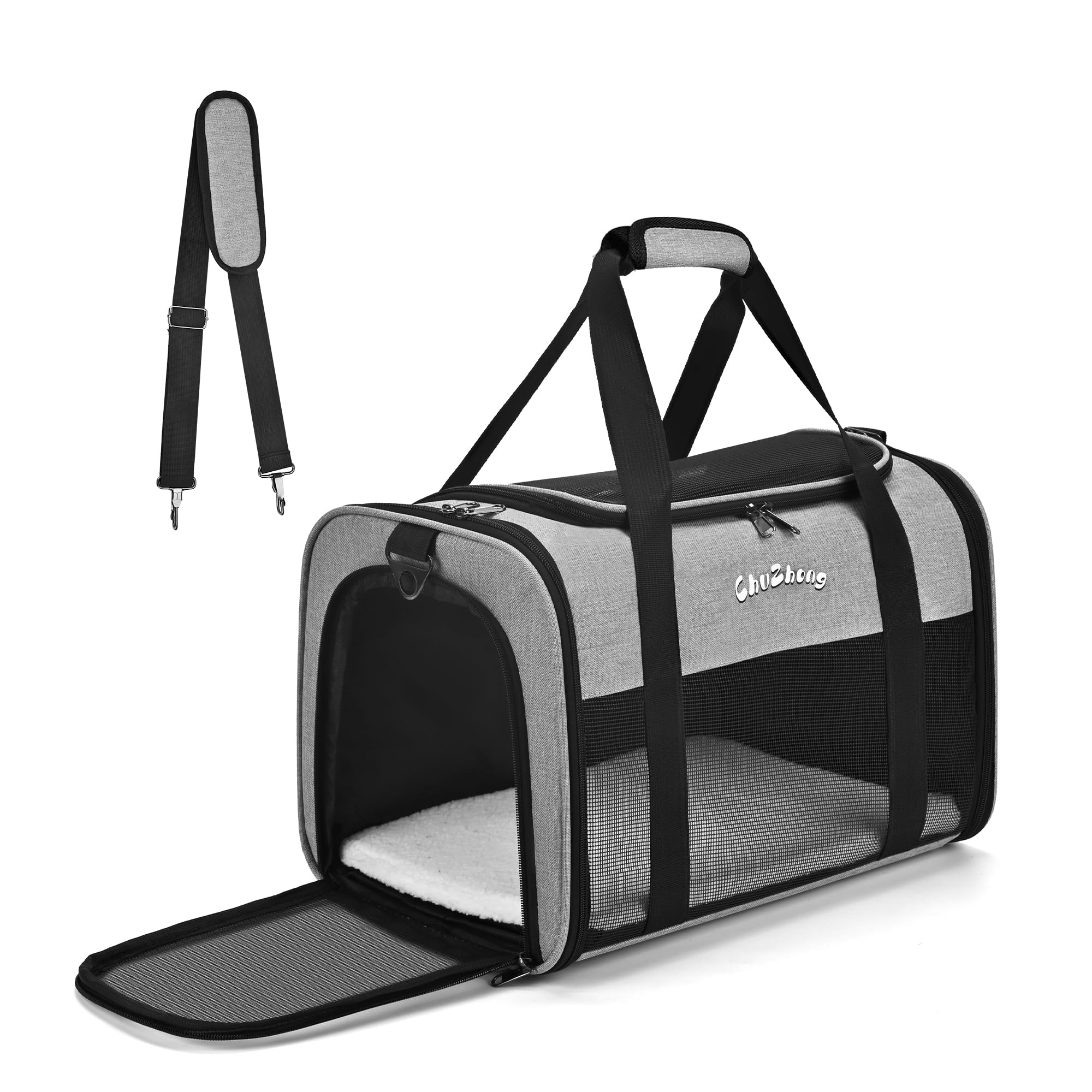 Chuzhong Cat Dog Carrier For Small Medium Cats Puppies Up To 18 Lbs(Grey),Soft Sided Cat Bag Airline Approved,Collapsible Pet Tr