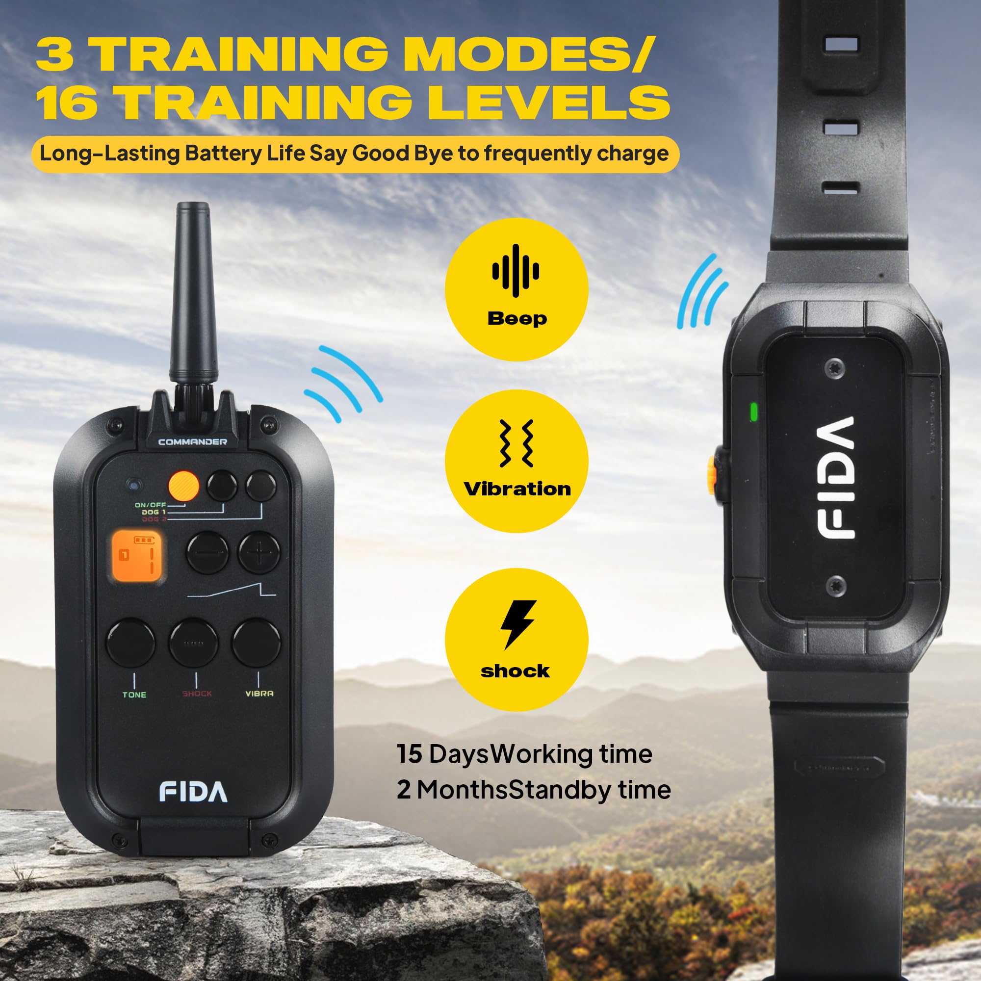 Fida Dog Shock Collar With Remote 3/4 Mile Range E Collar For Dogs Training, Ipx7 Waterproof Rechargeable Dog Training Collar Fo