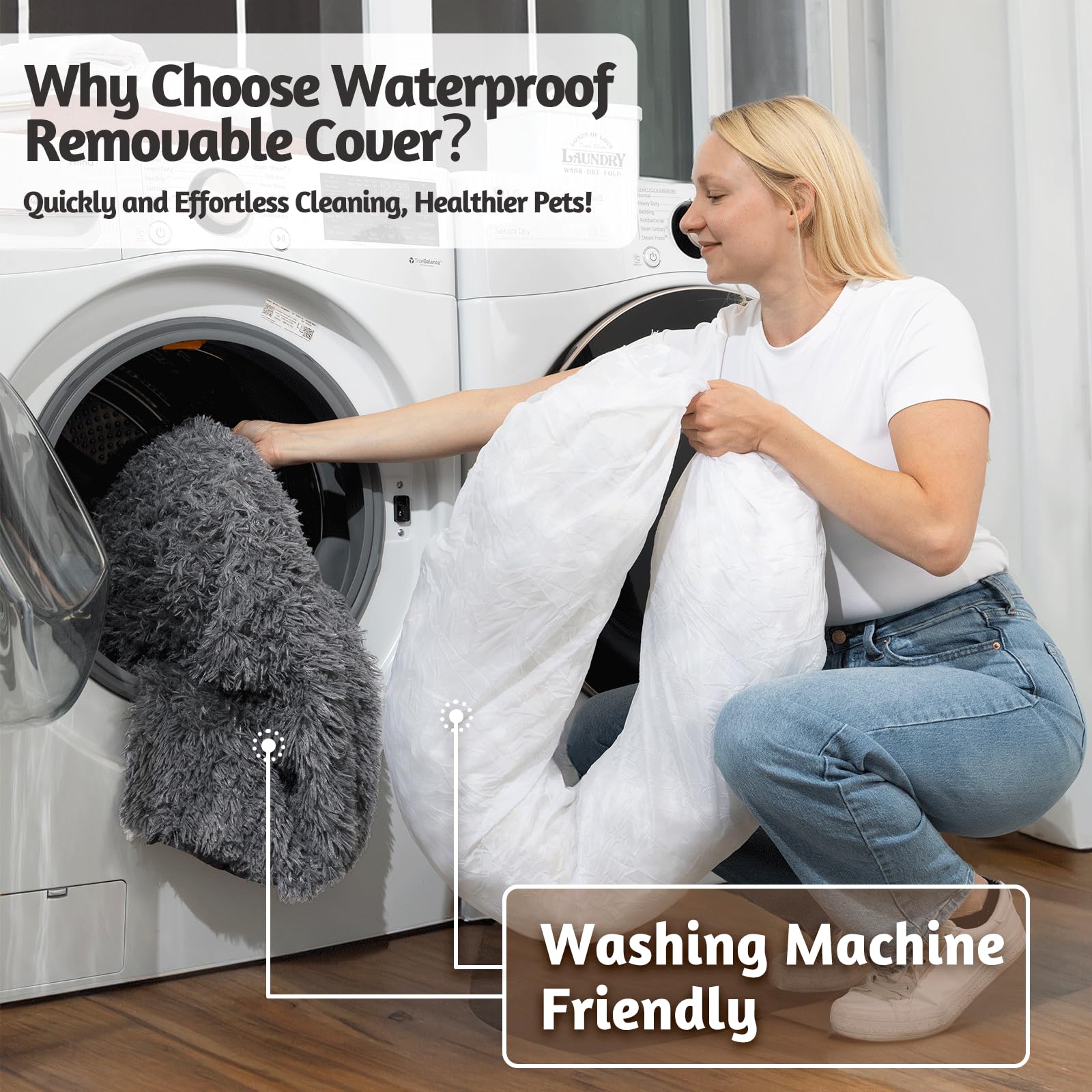 Ohgeni Calming Donut Dog Bed Pillow For Large Pets, Machine Washable Removable Cover, Comfort Plush Fluffy Faux Fur With Anti-Slip Bottom, Cats-Friendly Round Cuddly Design, Gray, 36 Inches