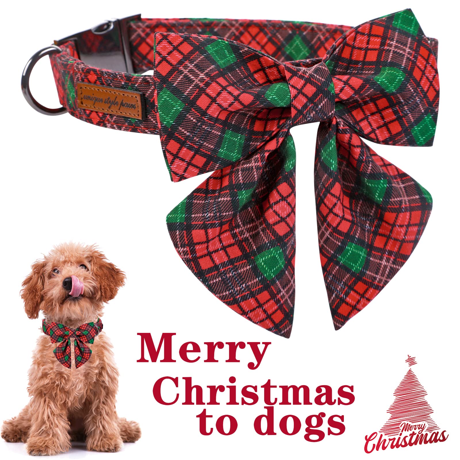 Unique Style Paws Christmas Dog Collar With Tie Red Green Plaid Adjustable Cotton Puppy Collar For Small Medium Large Dogs-S