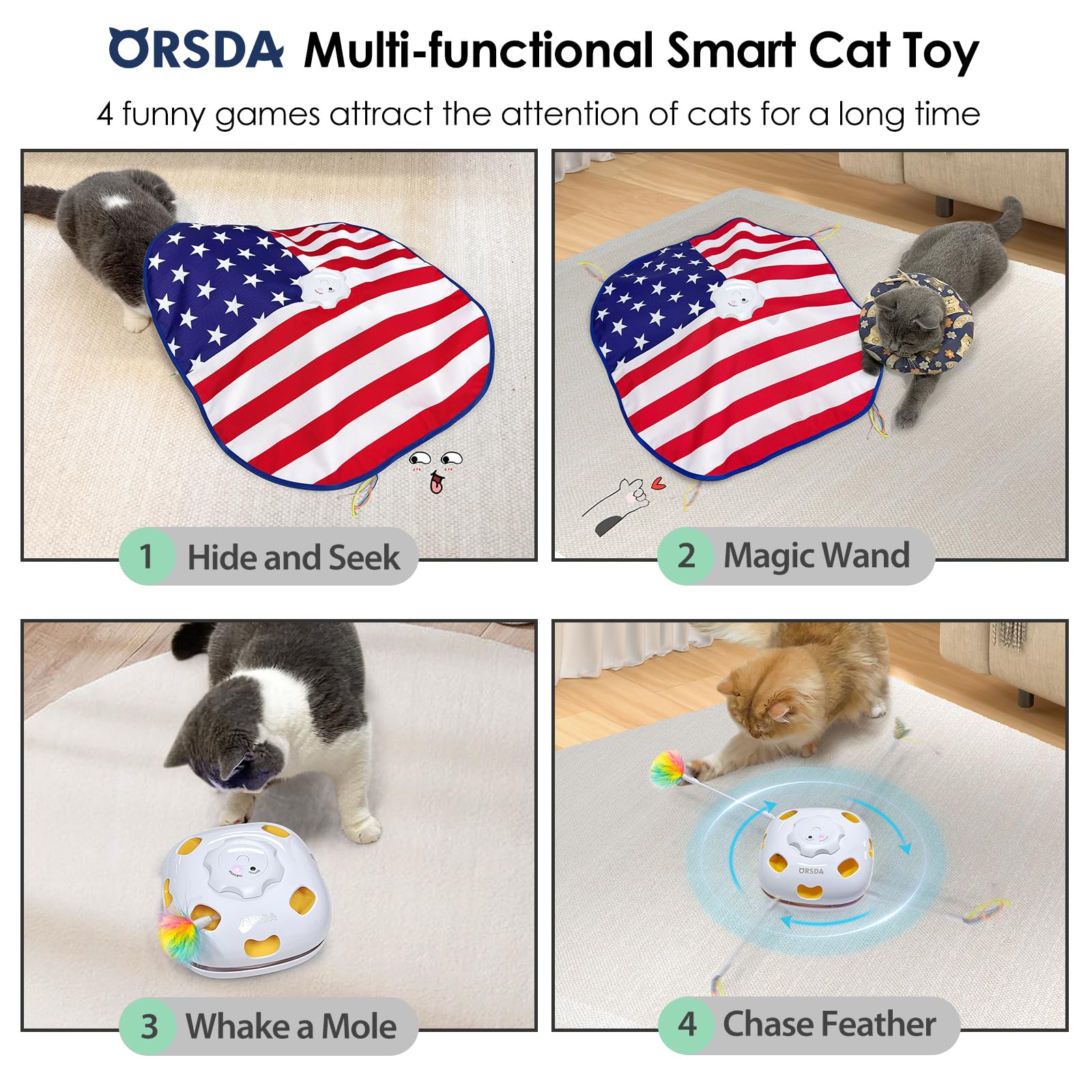 Orsda Interactive Cat Toys For Indoor, 4 In 1 Automatic Cat Toy For Kitten, Rechargeable Smart Teaser Toys, Moving Ambush Feathe