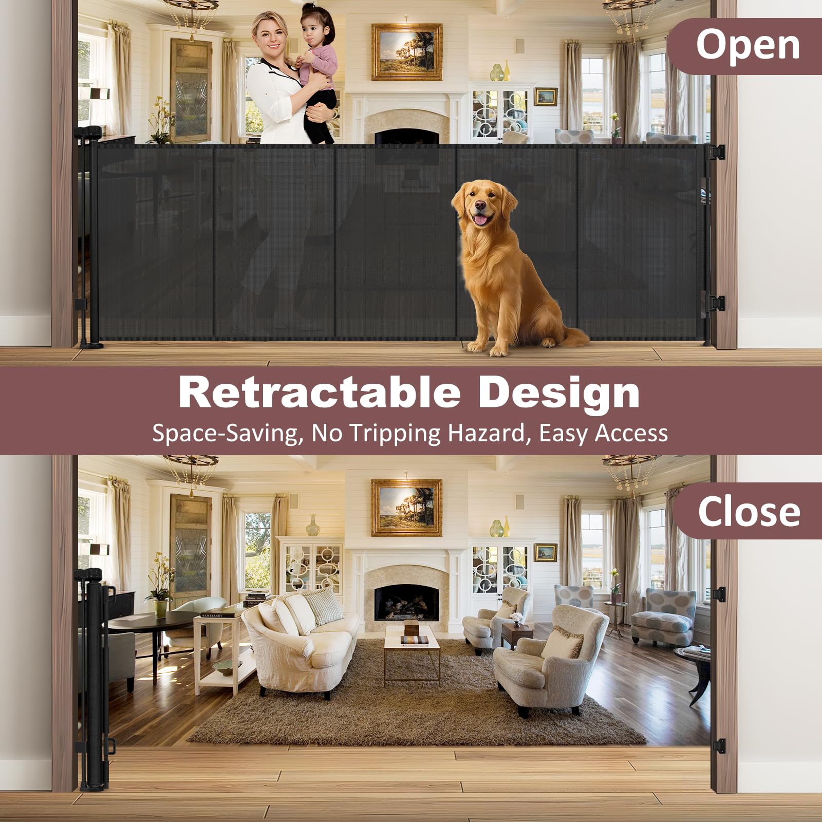 Reinforced 41'' Extra Tall Retractable Baby Gates Extra Wide 100'' Retractable Dog Gate with Support Rods, Indoor Extra Long Bab