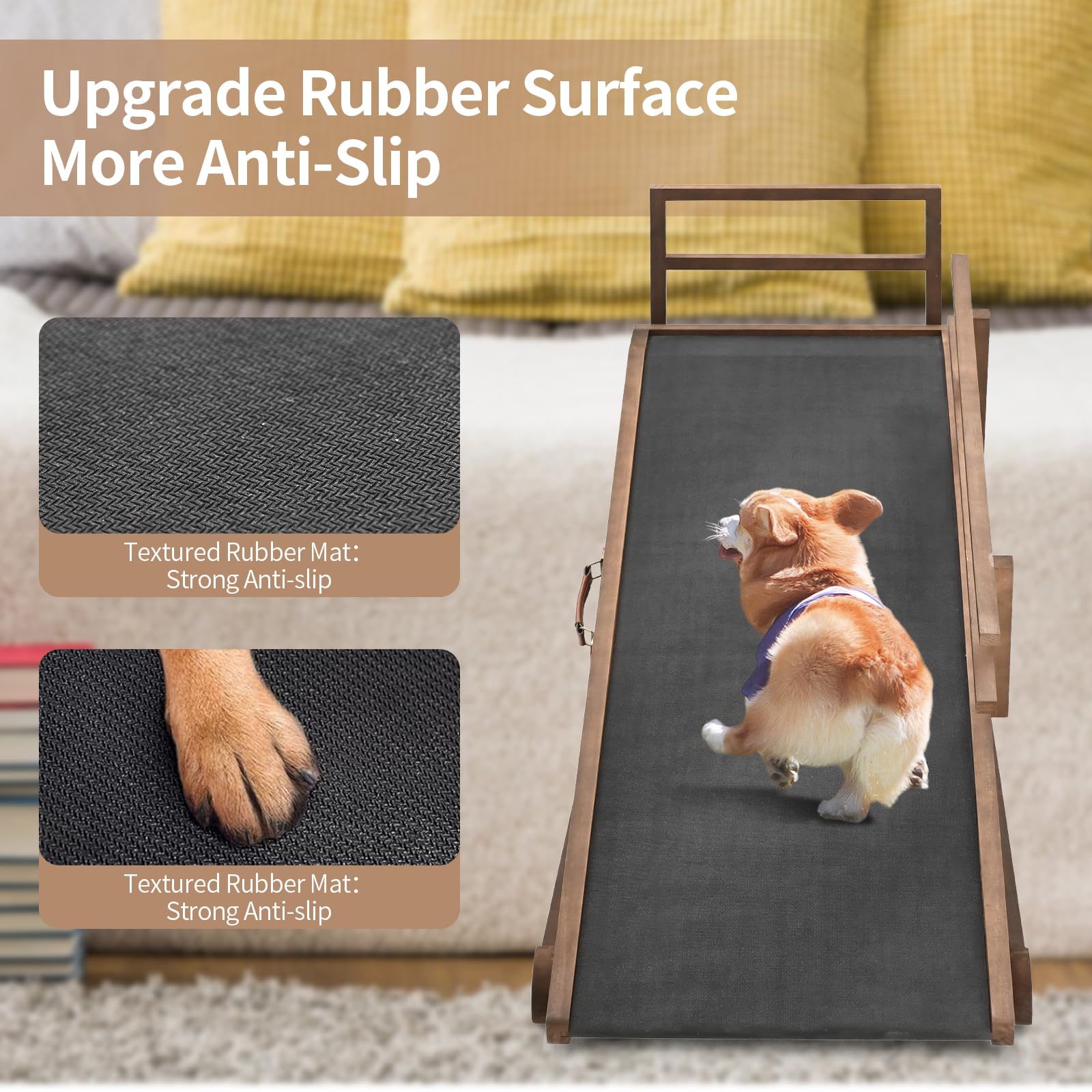Slsy Dog Ramp, Folding/Portable/Rubber Mat High Traction/Natural Wood/5 Adjustable Levels, 55.1'' Long For High Bed, Suitable Fo