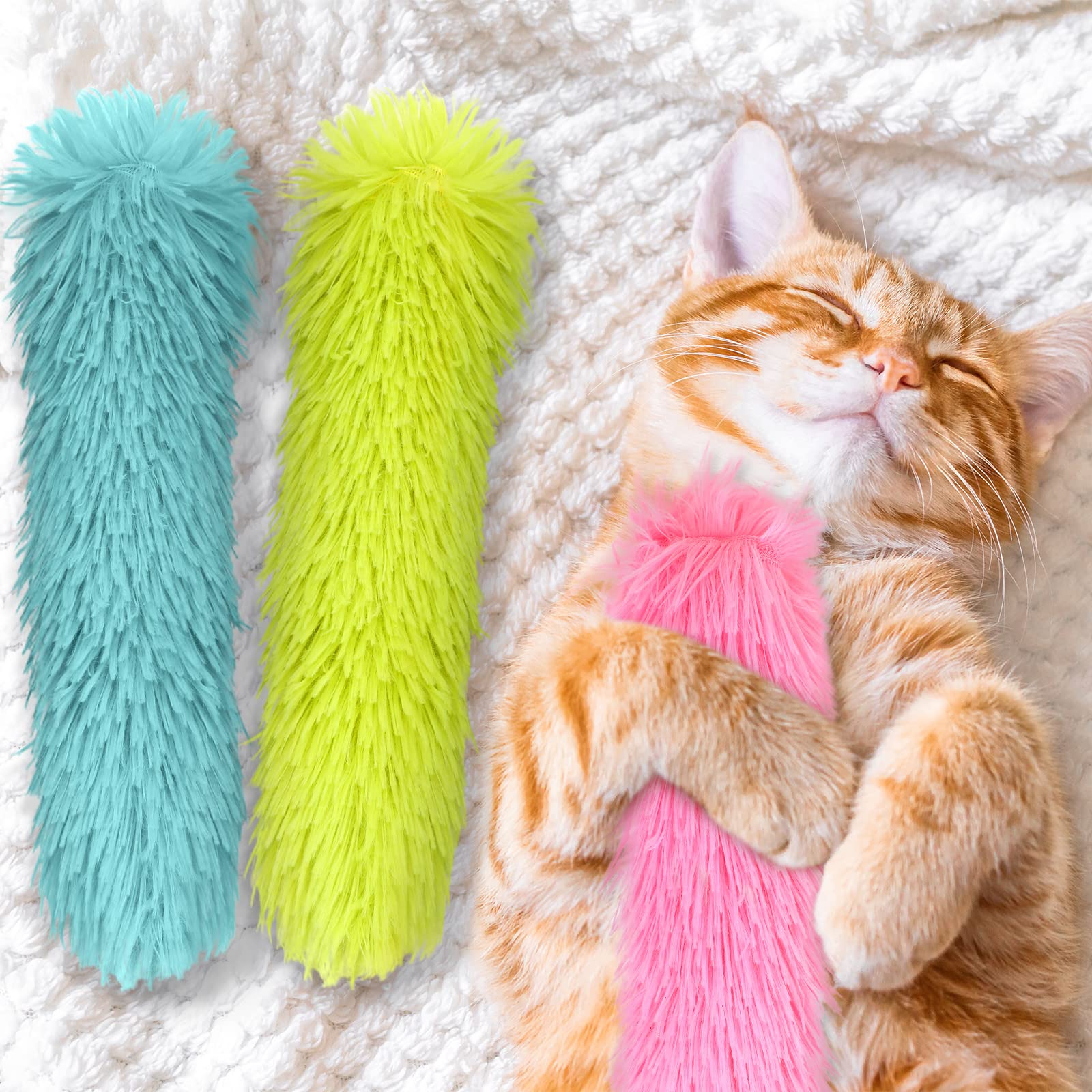 Civaner 6 Pcs Catnip Toys Interactive Cat Kicker Toy Plush Fabric Kick Sticks Chasing Chewing Exercising Filled Chew For Puppy Kitty (Grass Green, Blue, Pink, 10.6 Inch)