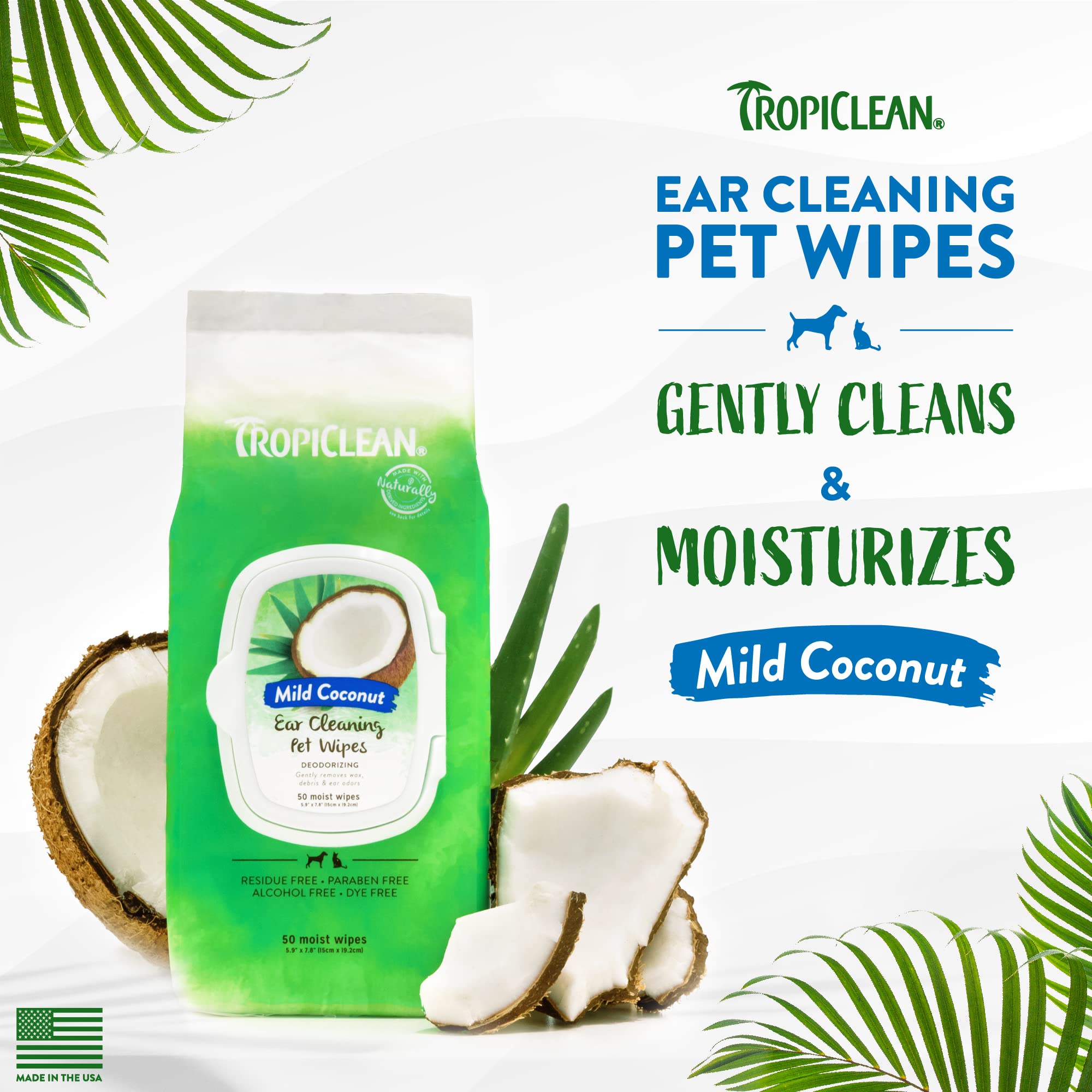 TropiClean Dog Ear Wipes, Dog Ear Cleaner, Soothing Itch Relief, Gently Removes Wax and Debris, Odor Eliminating, Safe for Daily