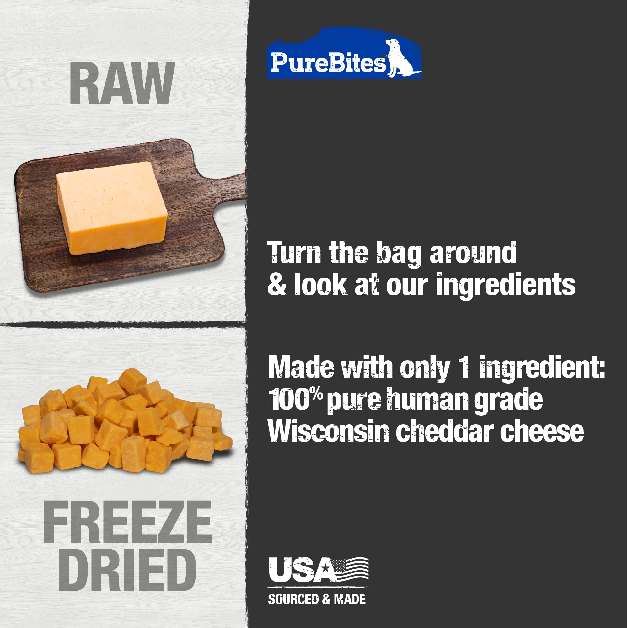 PureBites Freeze Dried Cheddar Cheese Dog Treats 470g  1 Ingredient  Made in USA (Packaging May Vary)