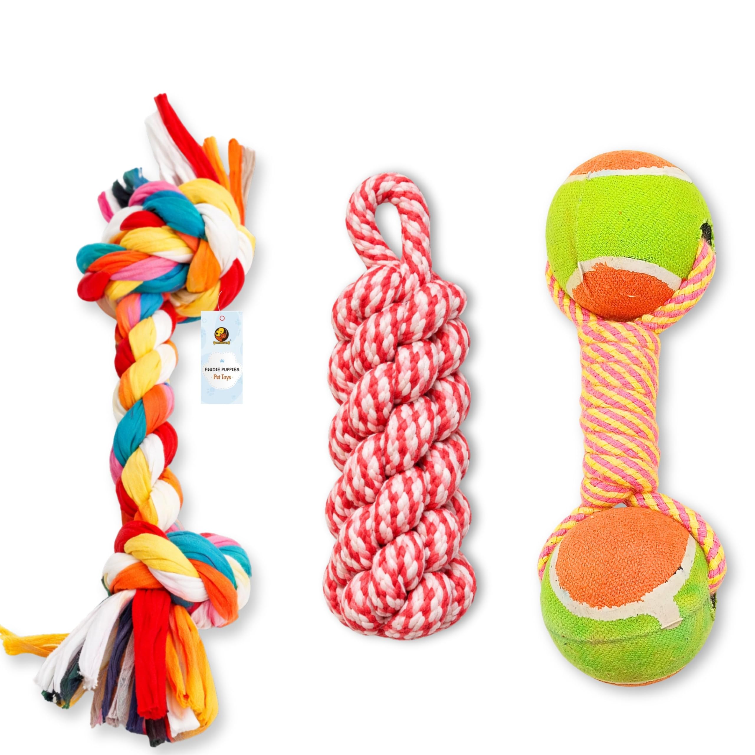 Foodie Puppies Dog Chew Cotton Rope Toys 3in1 Combo for Small Dogs & Puppies (2Knot + CornStick + Dual Tennis Ball Rope) Knotted