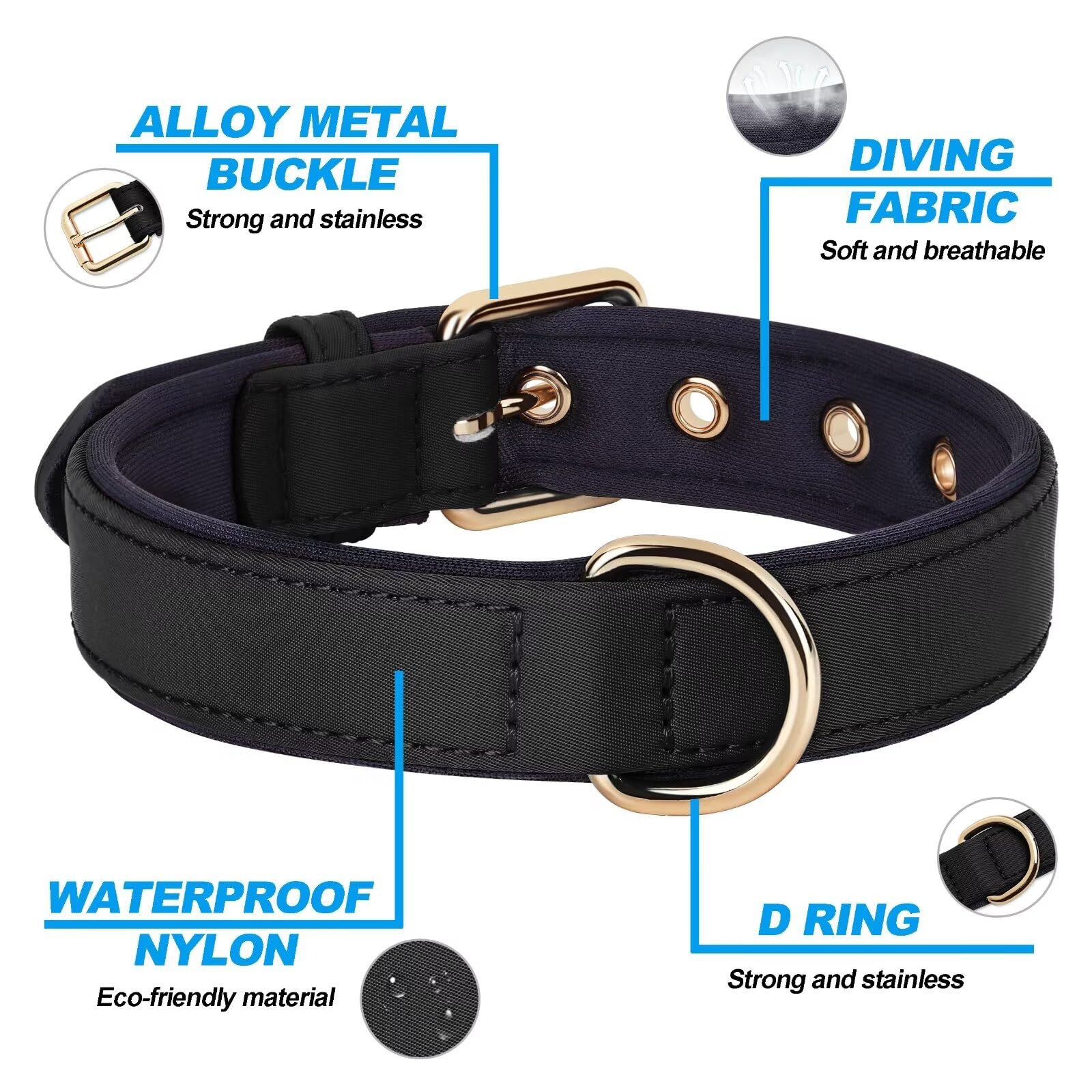 Didog Soft Padded Dog Collars For Medium Dogs, Lightweight And Breathable Dog Collar Waterproof With Metal Buckle, Black, L