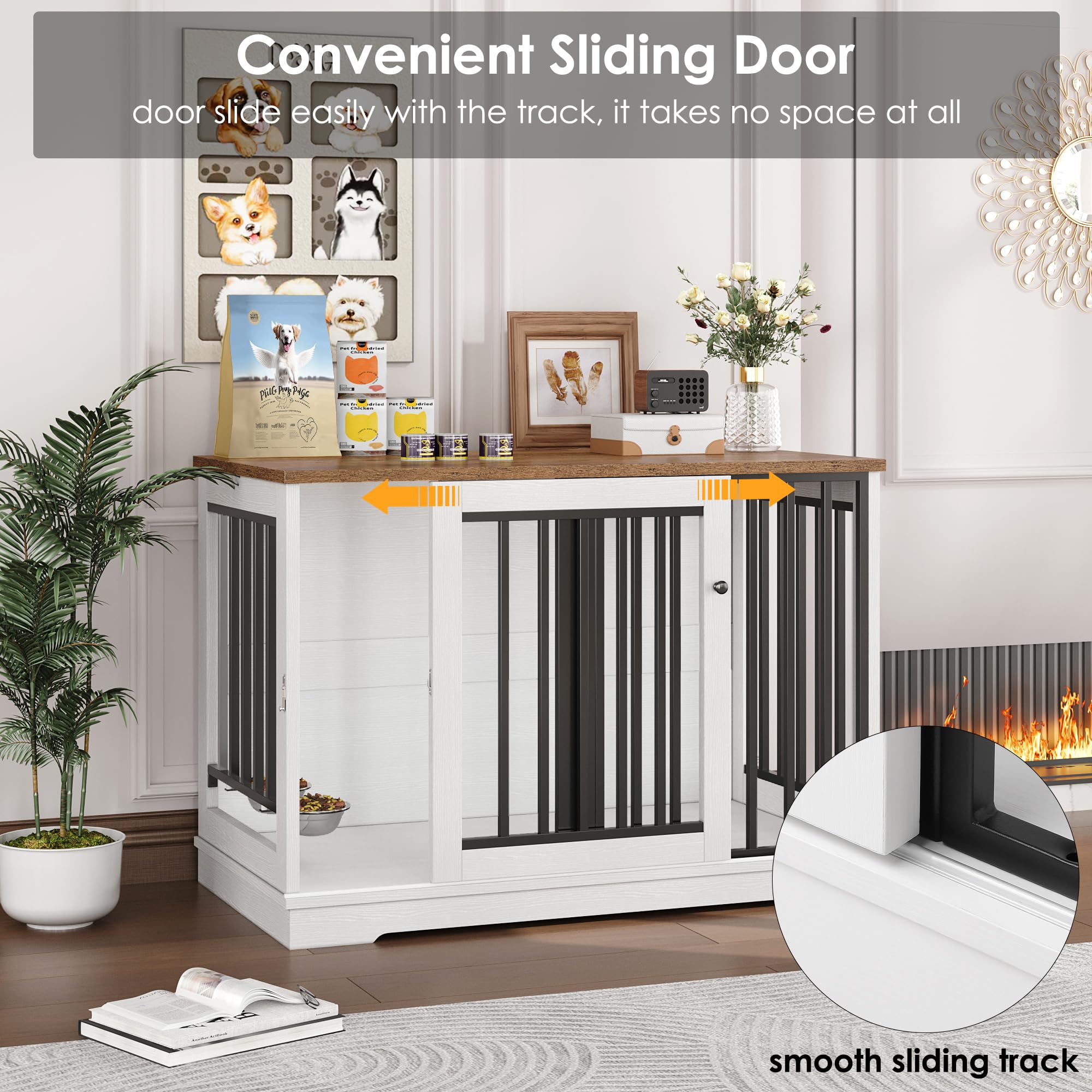 Dog Crate Furniture 47'' Large Dog Kennel For Dogs Indoor, Heavy Duty Dog Cage With Sliding Door And 2 Sus Bowls Wooden End Tabl