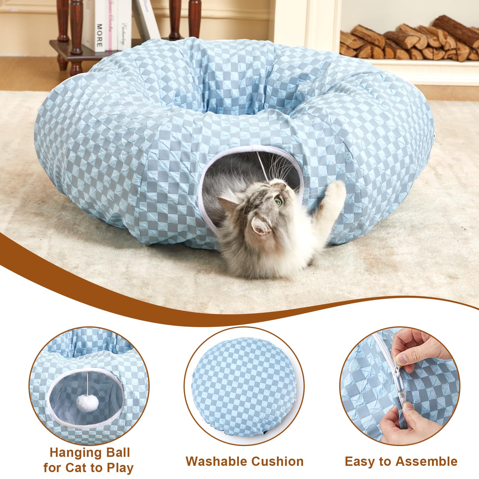 Bininl Tunnel Bed For Indoor Cats Peekaboo Cave Donut For Cat With Washable Circle Cushion Interior Cat Play Tunnel Light Blue