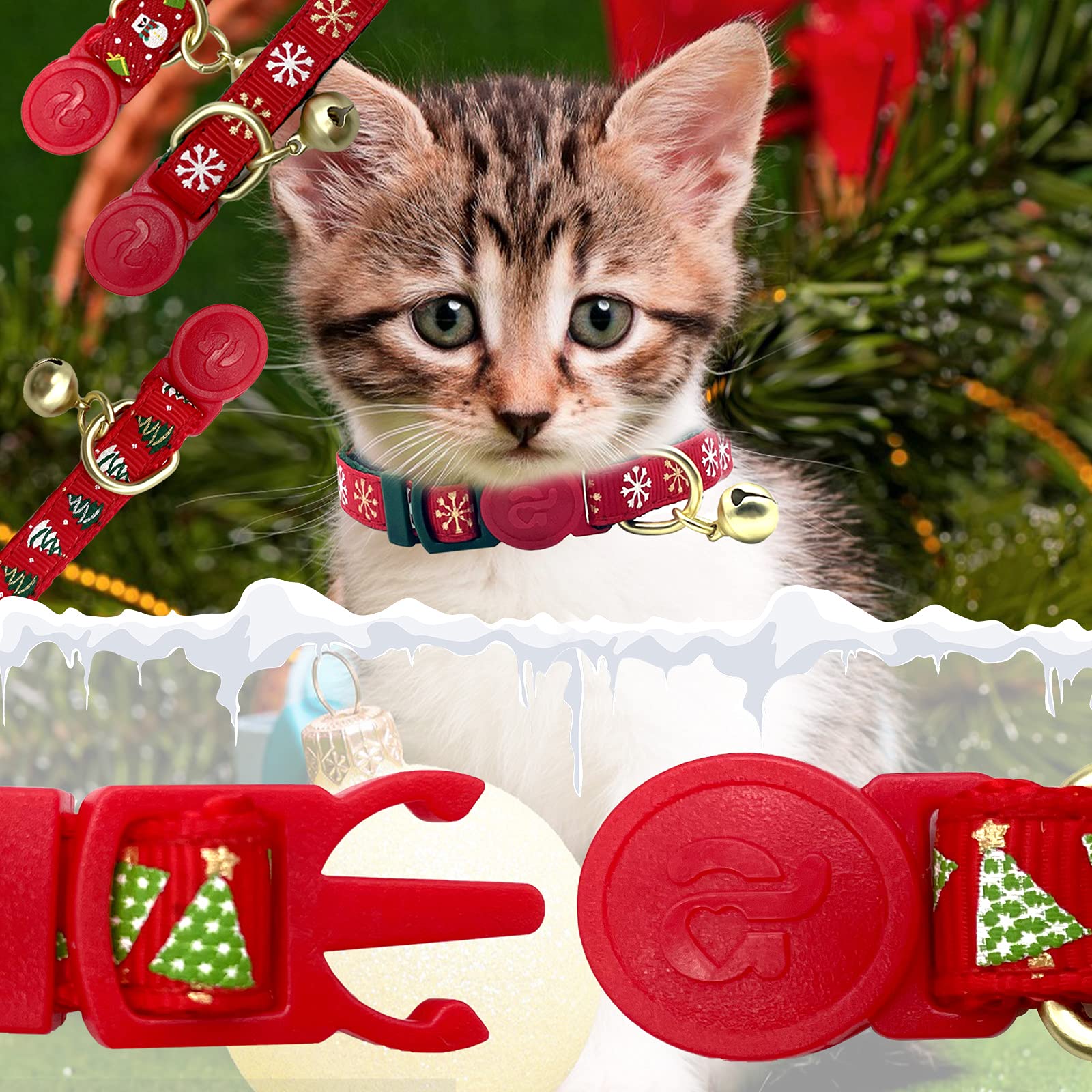 azuza 4 Pack Christmas Kitten Collar Set Adjustable Breakaway Kitten Collars with Bells New Year Pet Collar with Cute Design, Gr