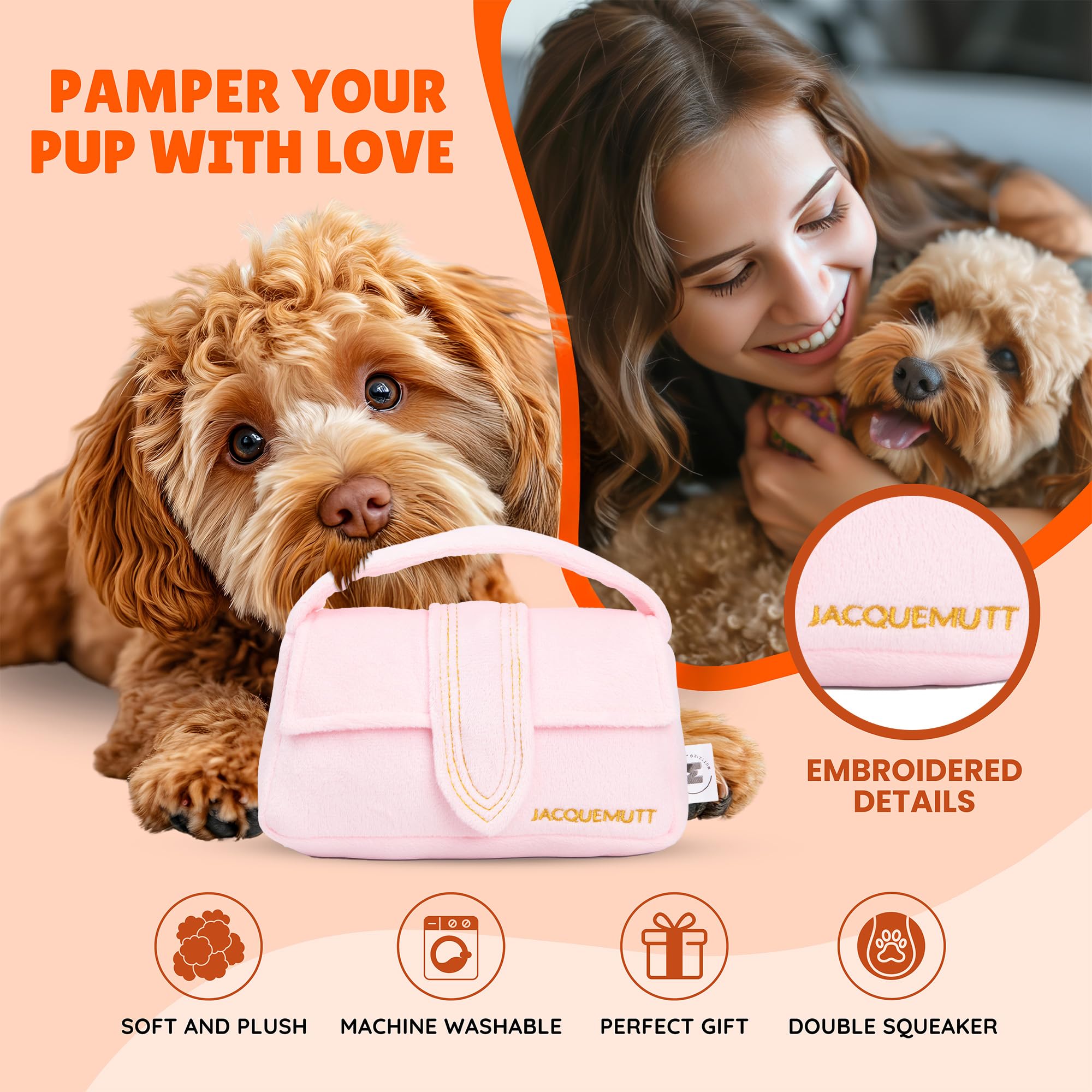 Muttzie Jacquemutt Handbag - Adorable Plush Parody Dog Toy with Dual Squeaker for Engaging and Safe Playtime for Dogs