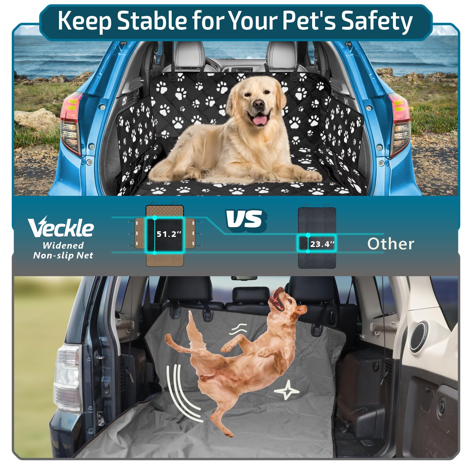 Veckle SUV Cargo Liner for Dogs, Large 54"x93", Water Resistant, Non-Slip, Dog Bone Color, Model PS07