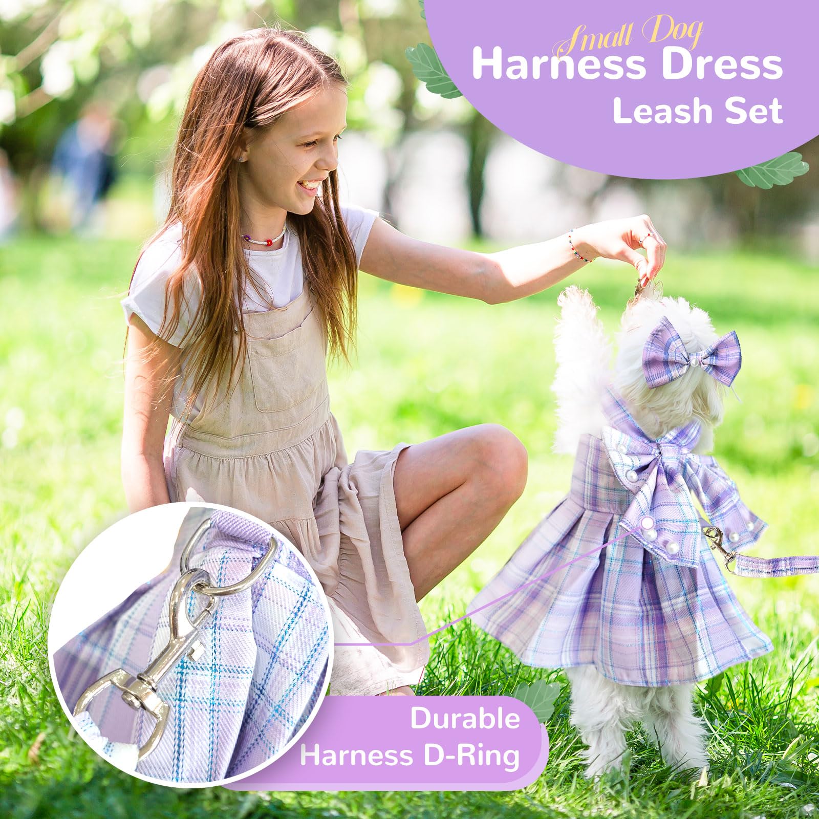 Petcare Cute Dog Dress Clothes For Small Dogs Cats Girl Female Purple Plaid Bow Tie Dog Harness Dresses Leash Set With Pearls Bo