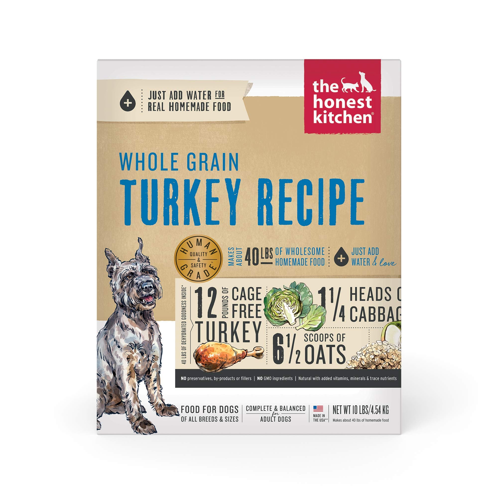 The Honest Kitchen Human Grade Dehydrated Whole Grain Dog Food - Complete Meal or Dog Food Topper - Turkey, 10 Pound (Pack of 1)