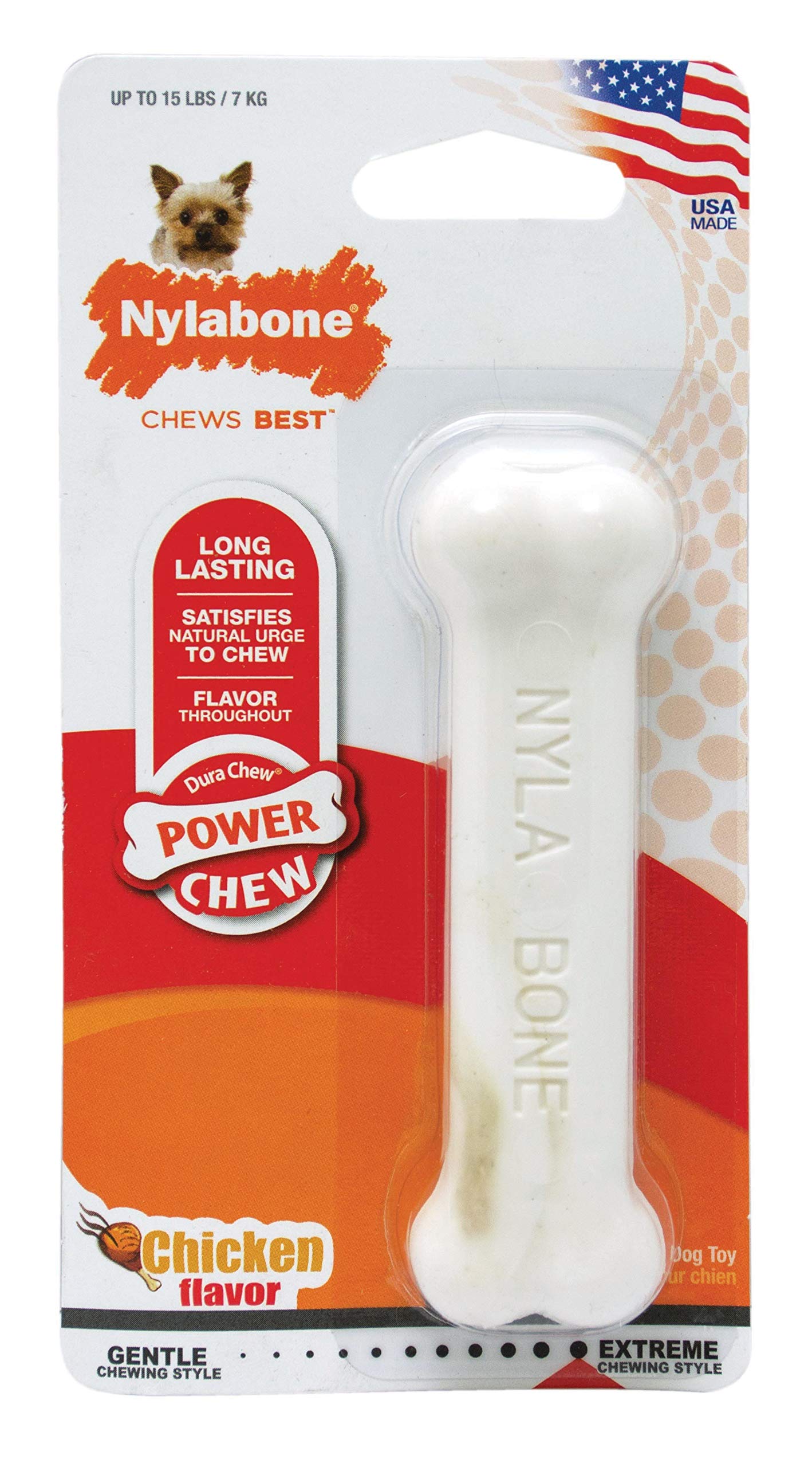 Nylabone Power Chew Classic Bone Chew Toy for Dogs, Durable Dog Toys for Aggressive Chewers, Chicken Flavor, X-Small/Petite - Up