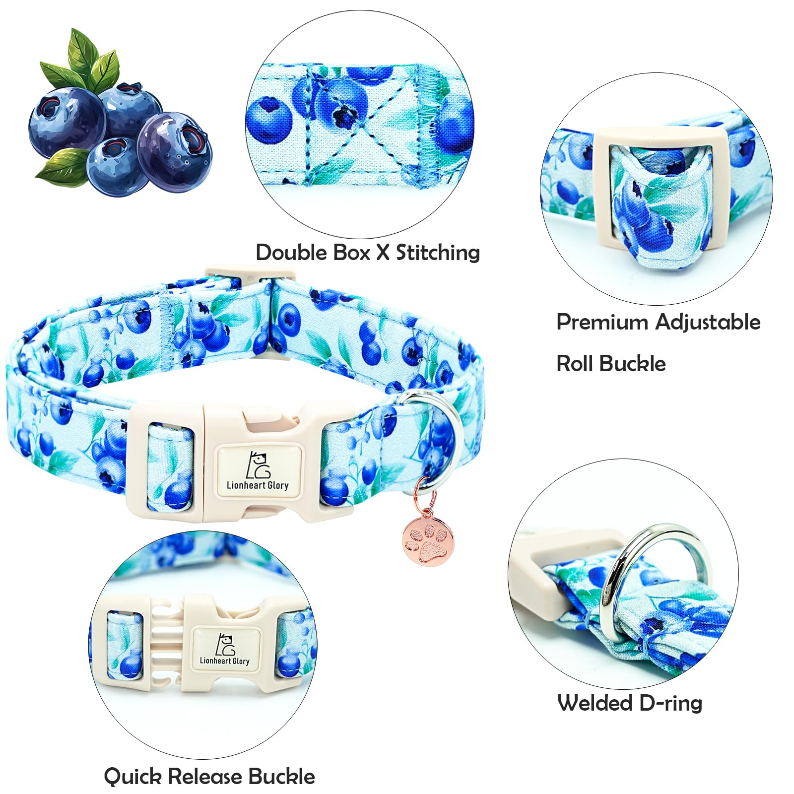 Lionheart Glory Dog Collar Blueberries Print Collar For X-Small Dogs Spring Summer Female Or Male Collars Pet Gift Adjustable He