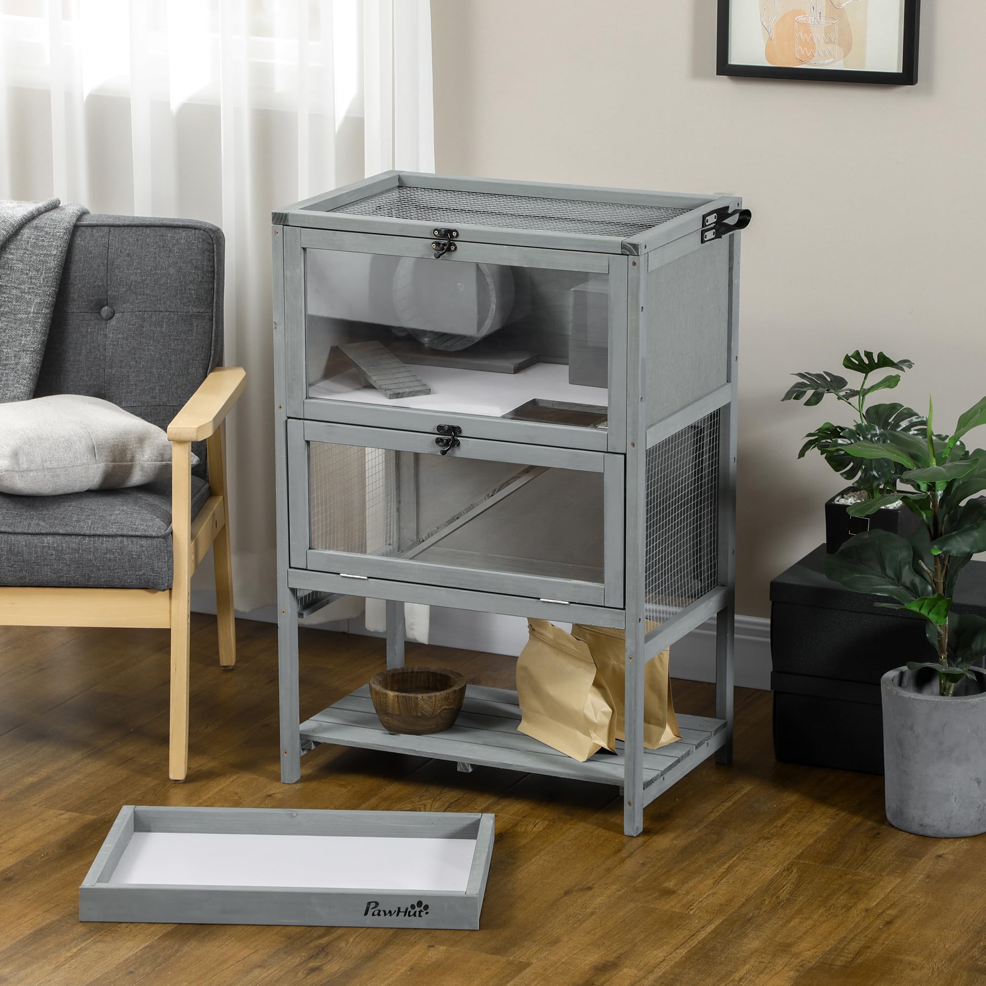 PawHut Wooden Hamster Cage with Storage Shelf, Large Rat Mouse Habitat Including Seesaw, Small Animal Cage with Sliding Tray, Wi
