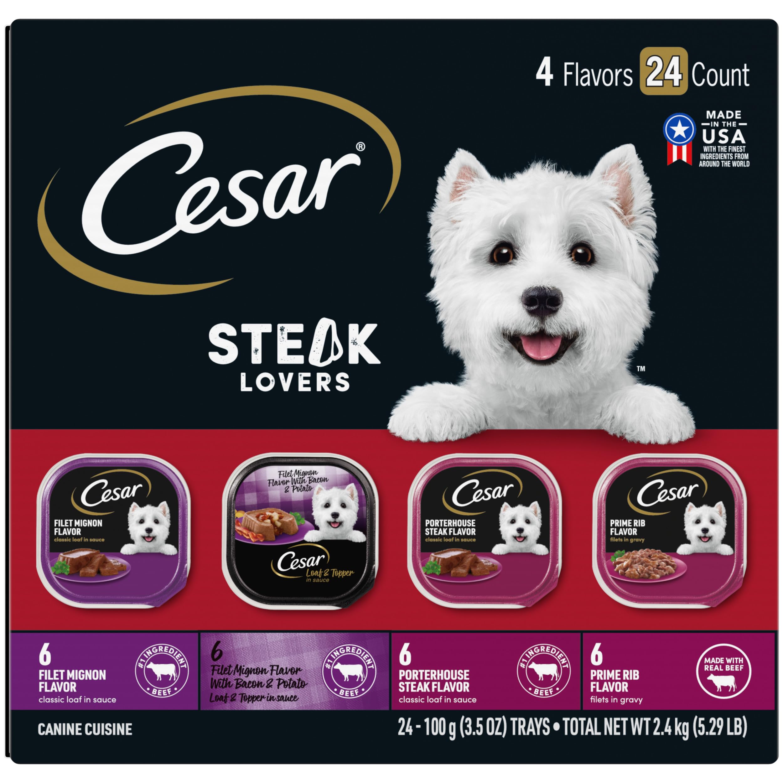 Cesar Wet Dog Food Steak Lovers Variety Pack with Real Meat, 3.5 oz. Trays (24 Count, Pack of 1)