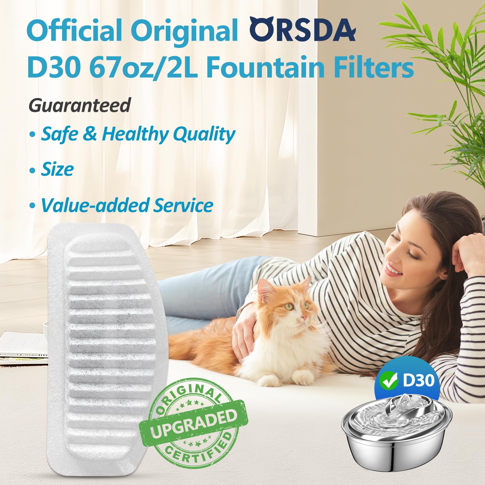 Orsda Cat Water Fountain Filters, Replacement Carbon, Resin Filters For D30 67Oz/2L Automatic Pet Fountain Cat Water Fountain Dog Water Dispenser, 3 Triple Filtration System (12Pcs 67Oz/2L Filters)