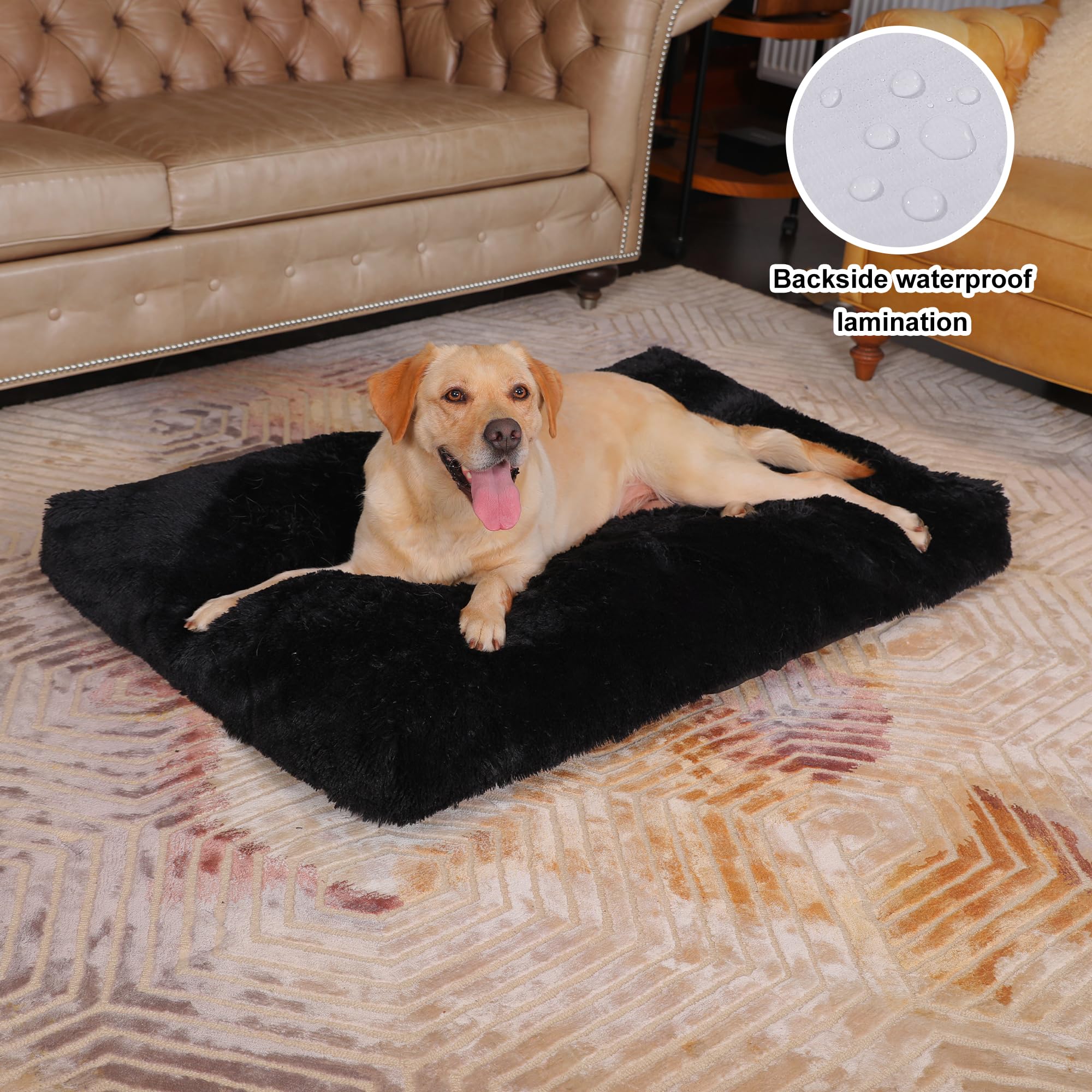 Bedfolks Waterproof Crate Bed, Plush Dog Kennel Pad With Removable Cover, Faux Fur, Fluffy Washable, 47''X29'', Black