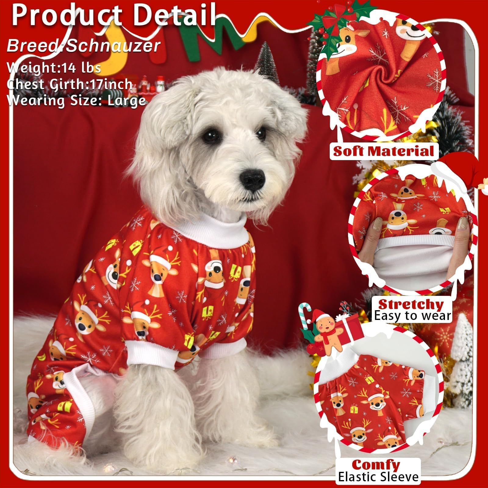 Xpudac 4 Pack Dog Christmas Pajamas Reindeer Puppy Clothes Cute Santa Claus Dog Pajamas Costumes Outfit Red Green 80-Lanlv-2Xl